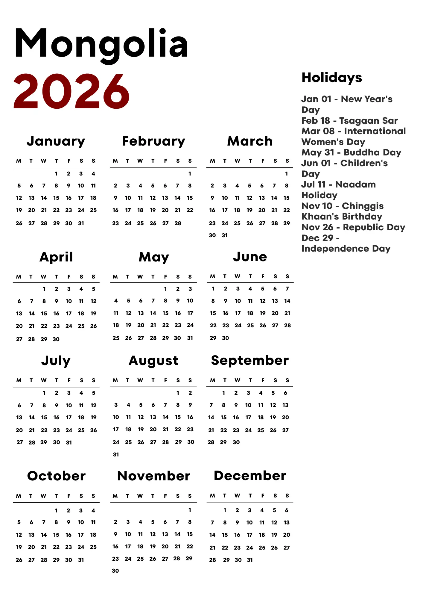Mongolia Calendar 2026