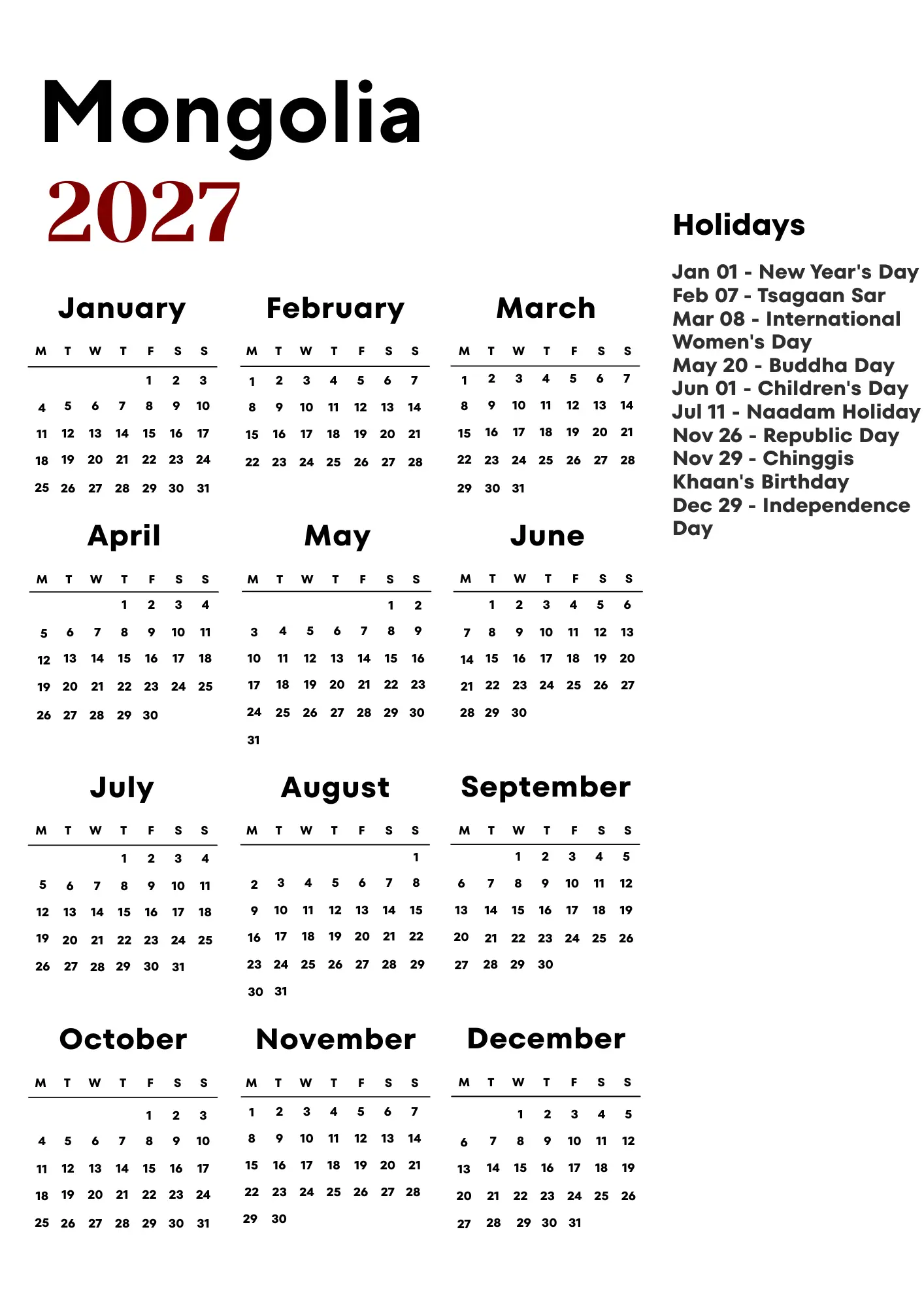 Mongolia Calendar 2027