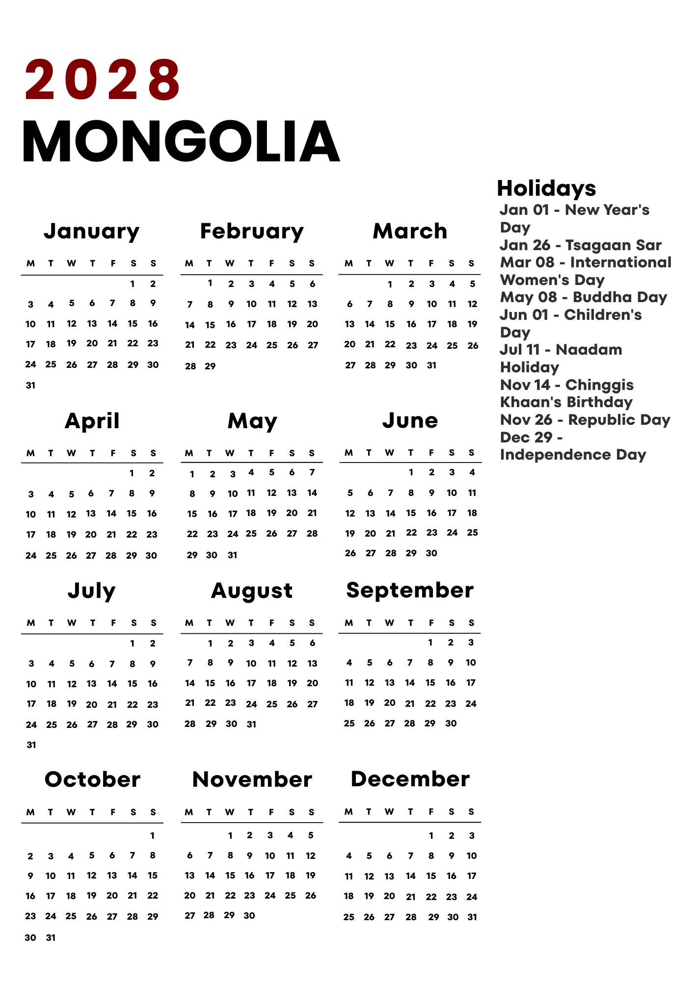 Mongolia Calendar 2028