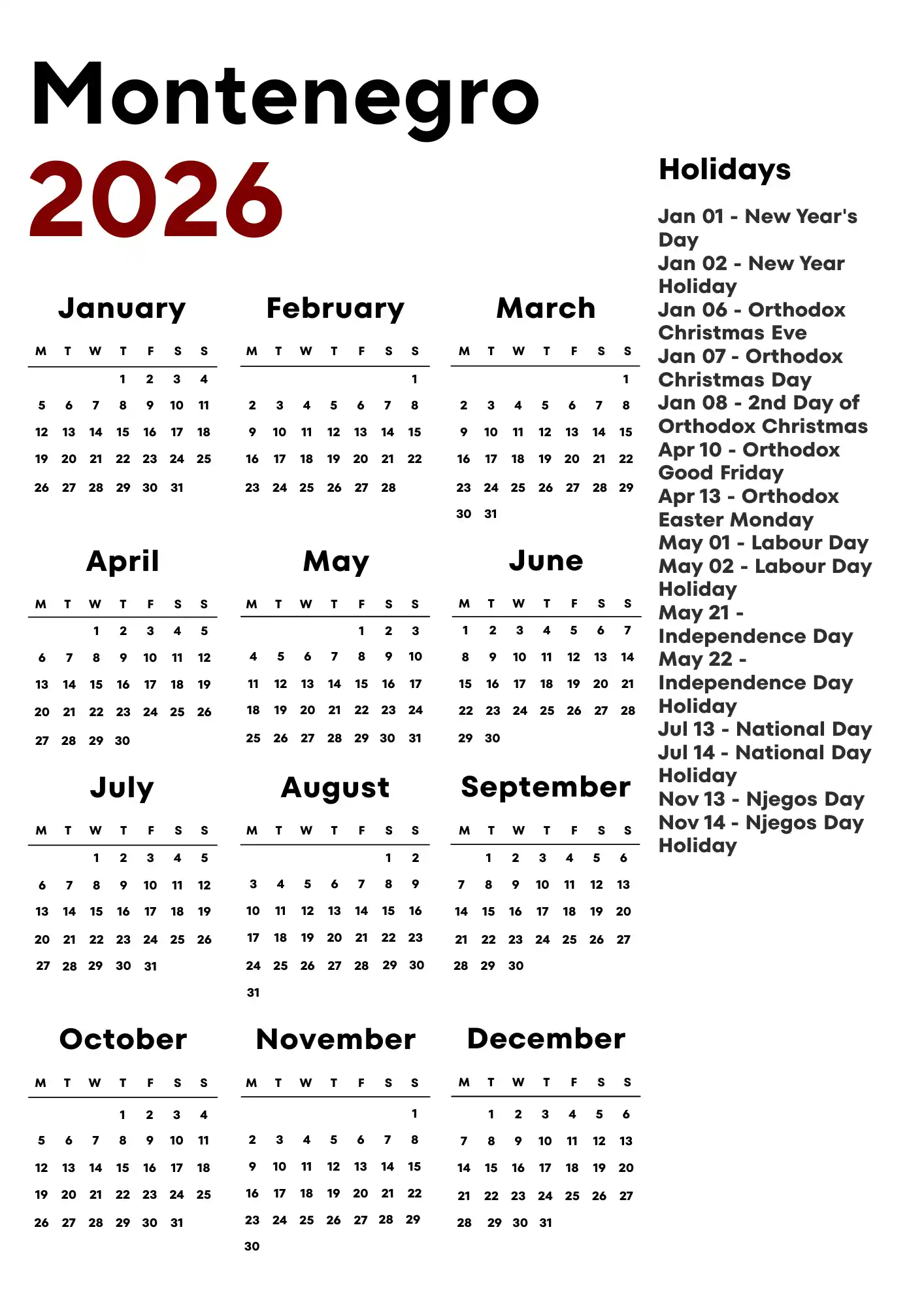 Montenegro Calendar 2026