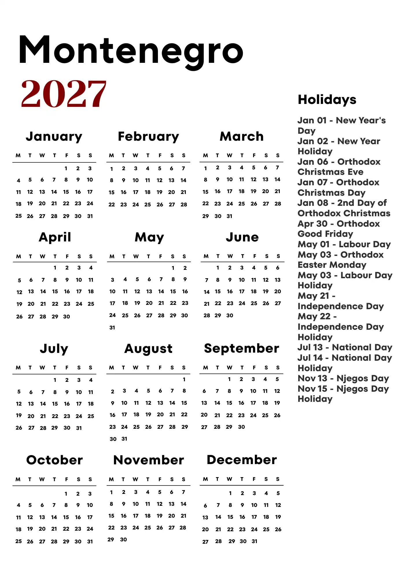Montenegro Calendar 2027