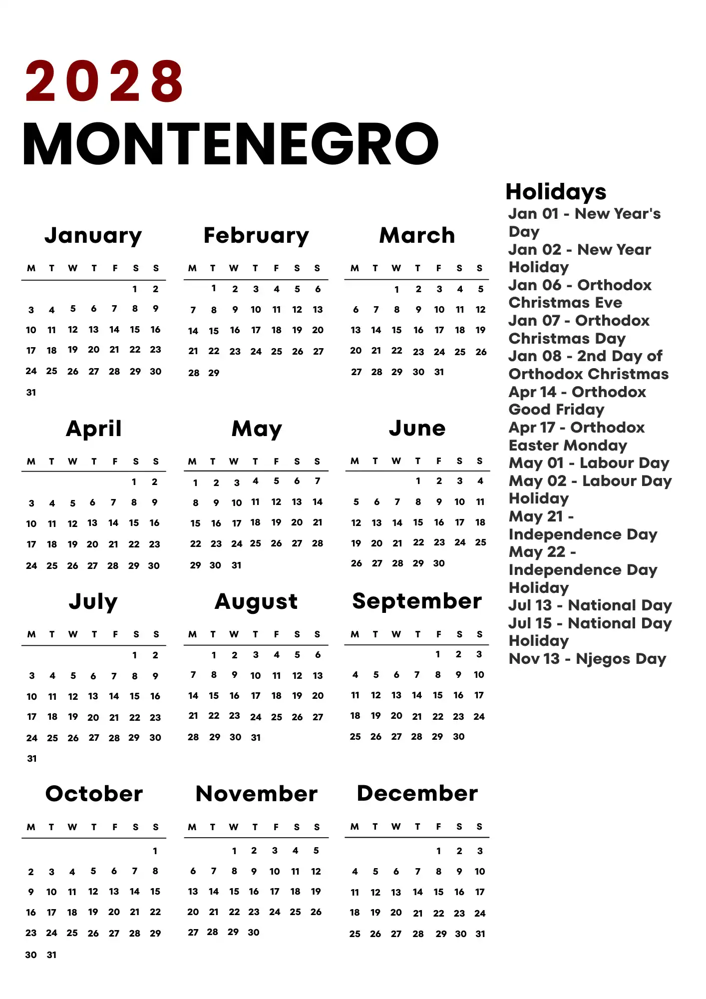 Montenegro Calendar 2028