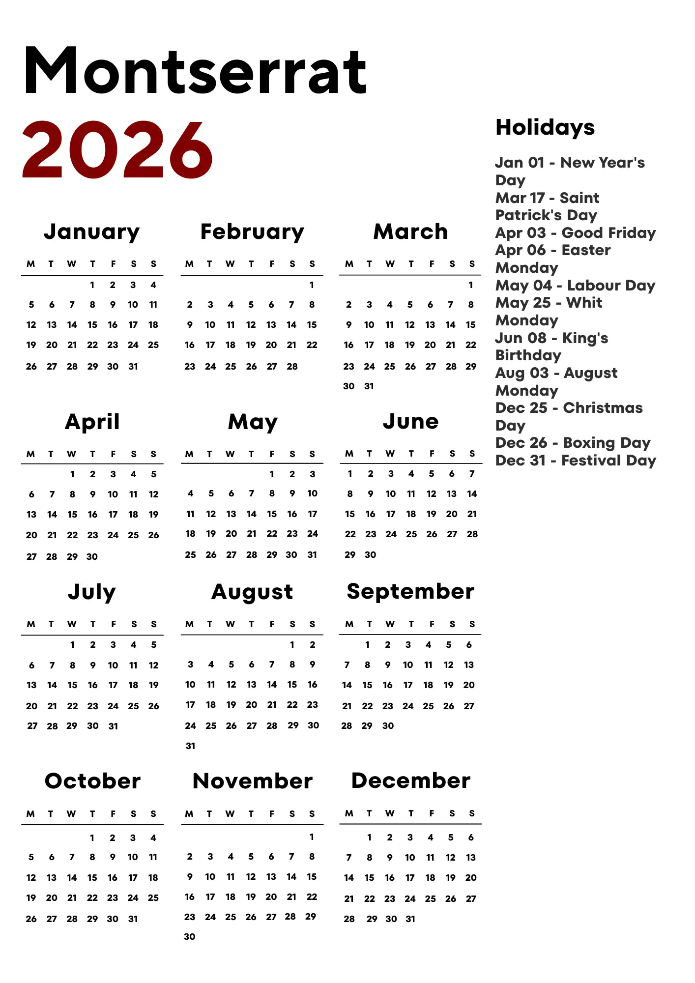Montserrat Calendar 2026