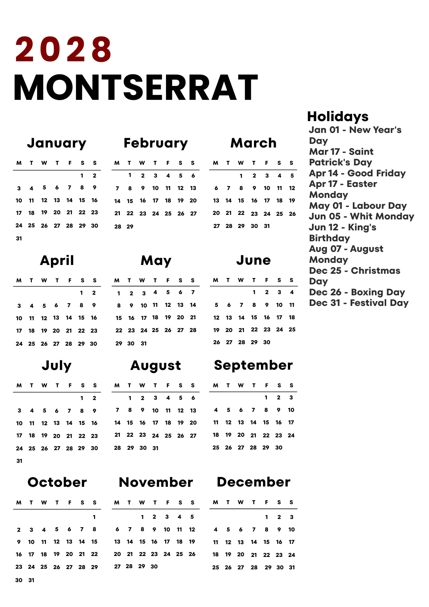 Montserrat Calendar 2028
