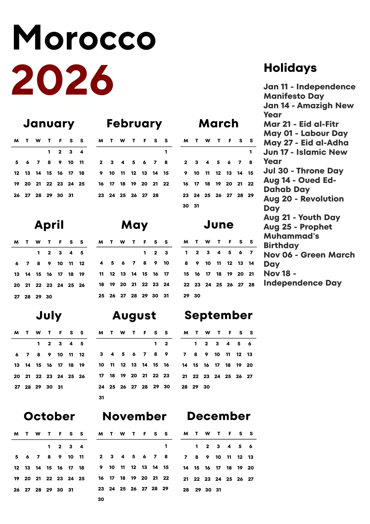 Morocco Calendar 2026