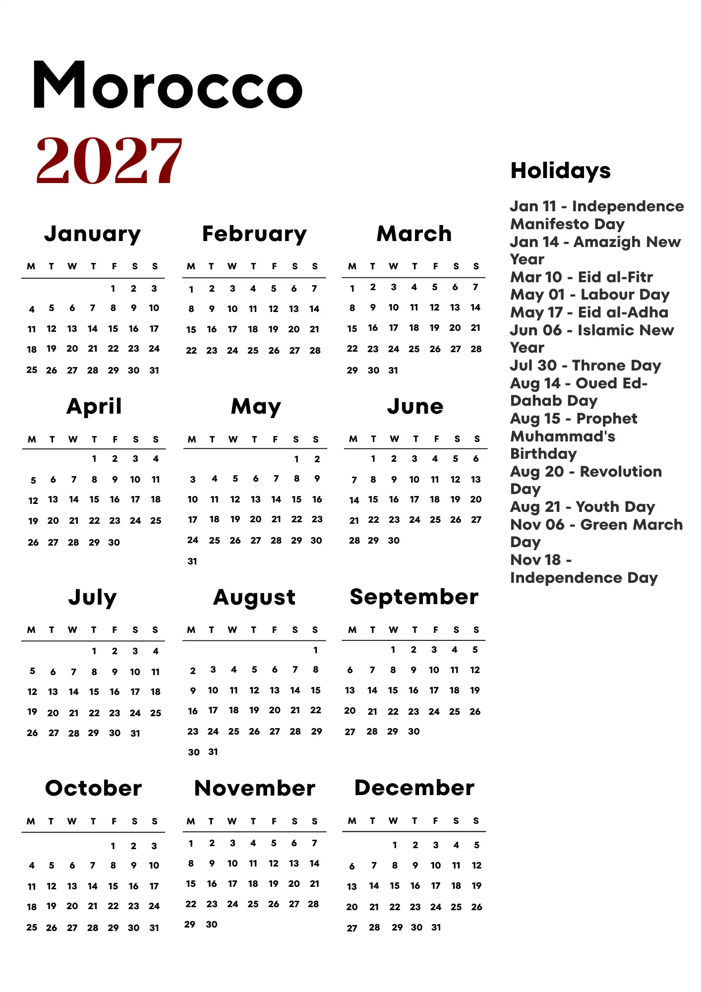 Morocco Calendar 2027