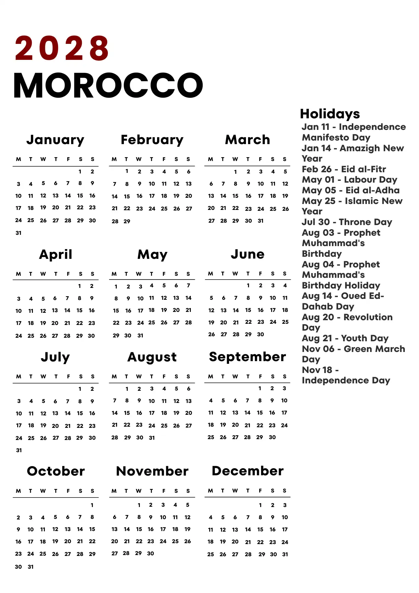 Morocco Calendar 2028