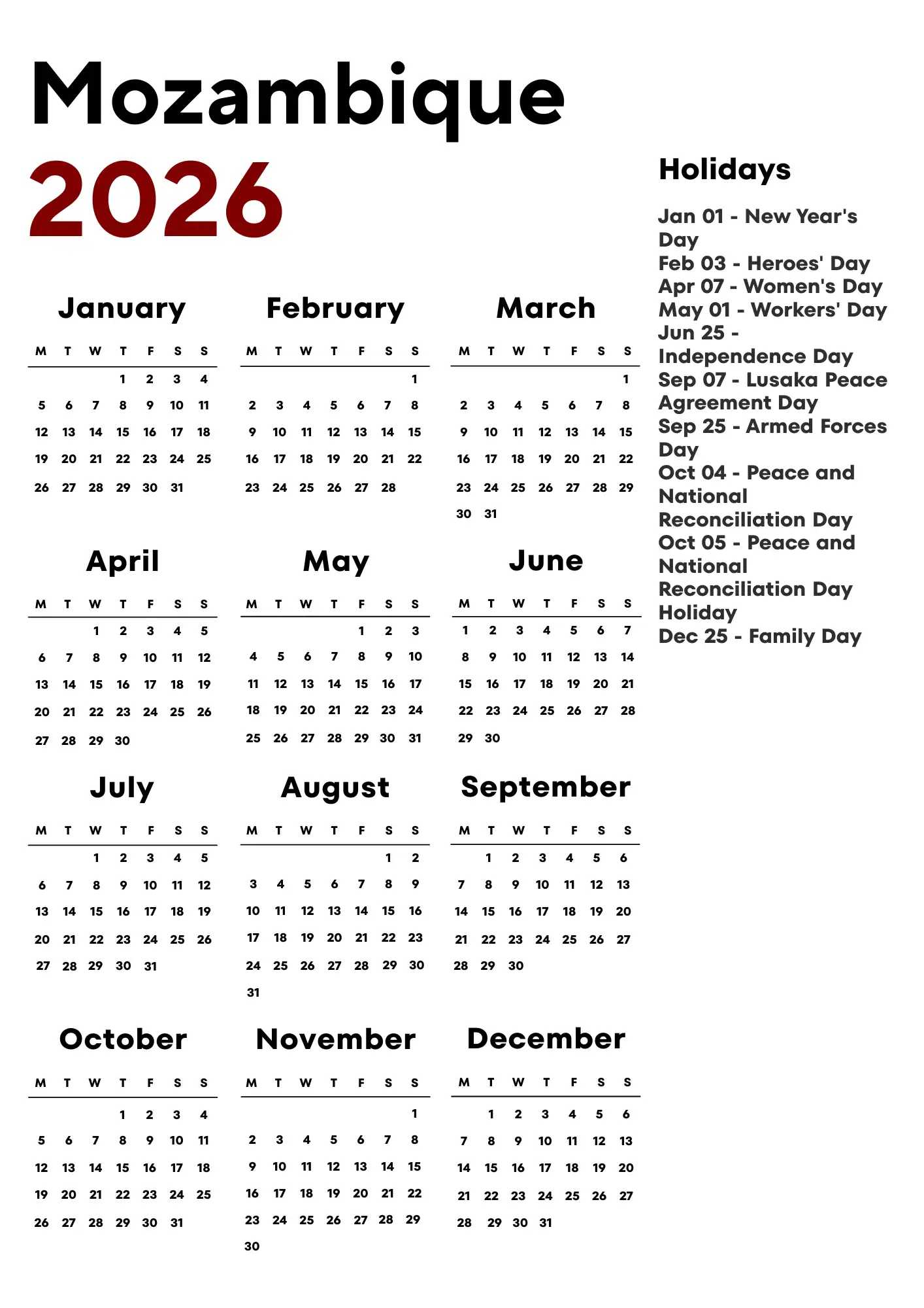 Mozambique Calendar 2026