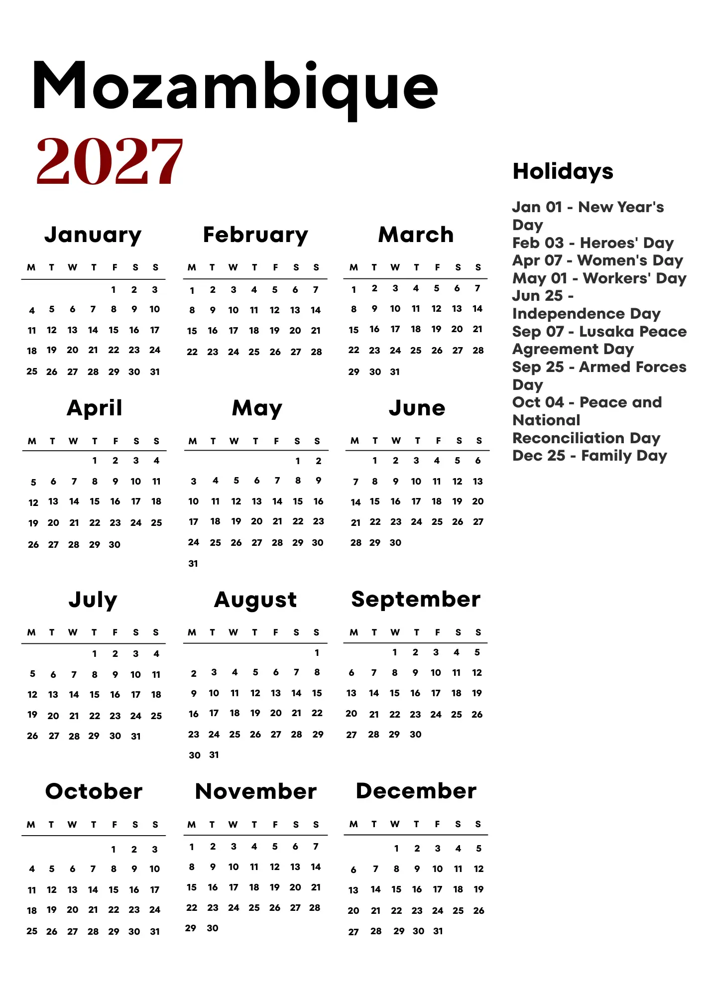 Mozambique Calendar 2027