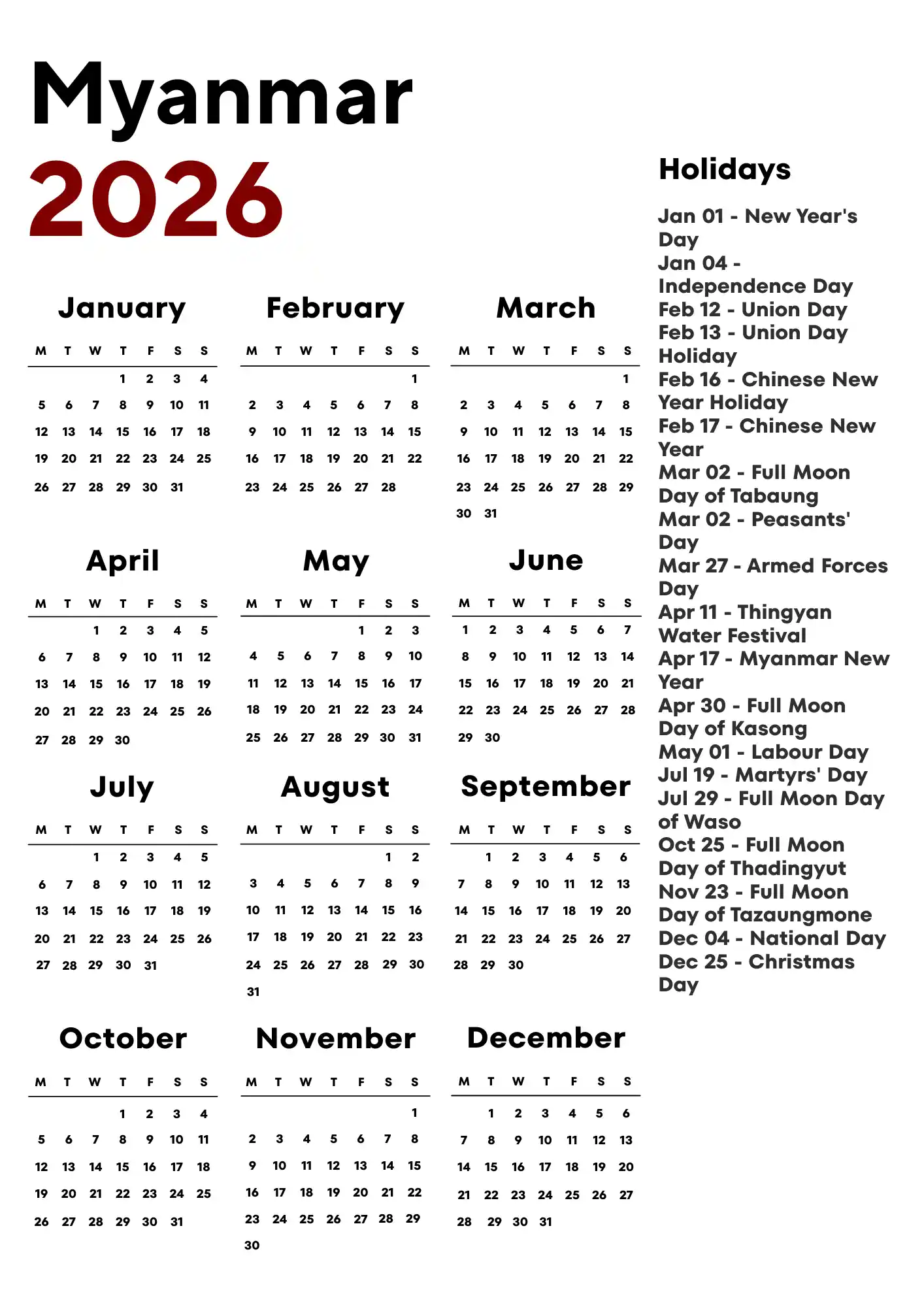 Myanmar Calendar 2026