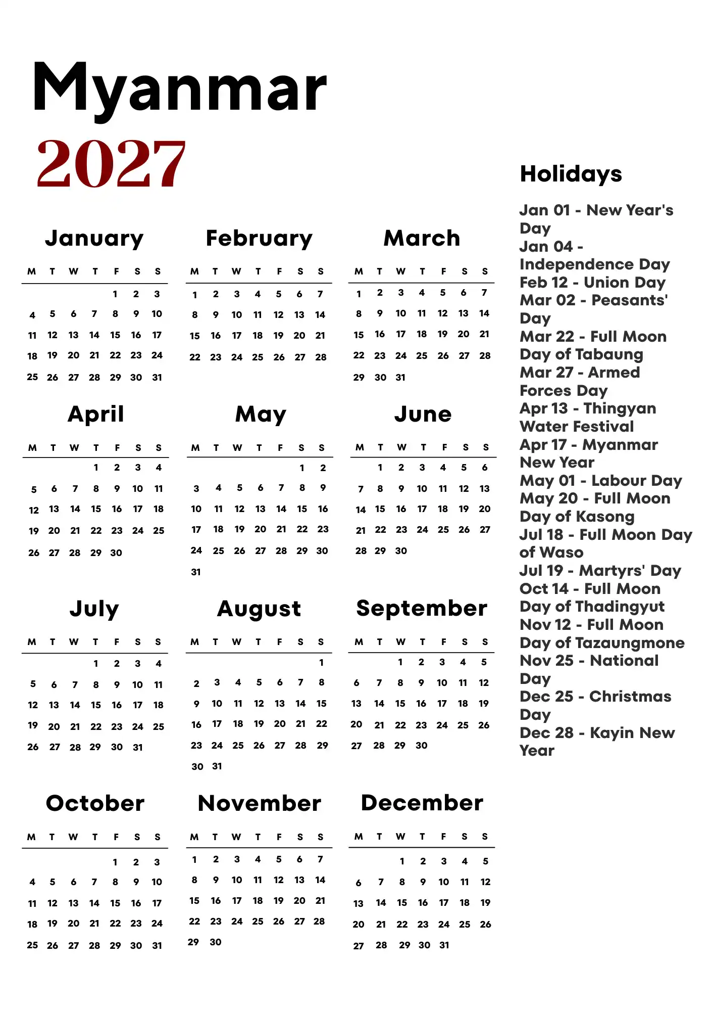 Myanmar Calendar 2027