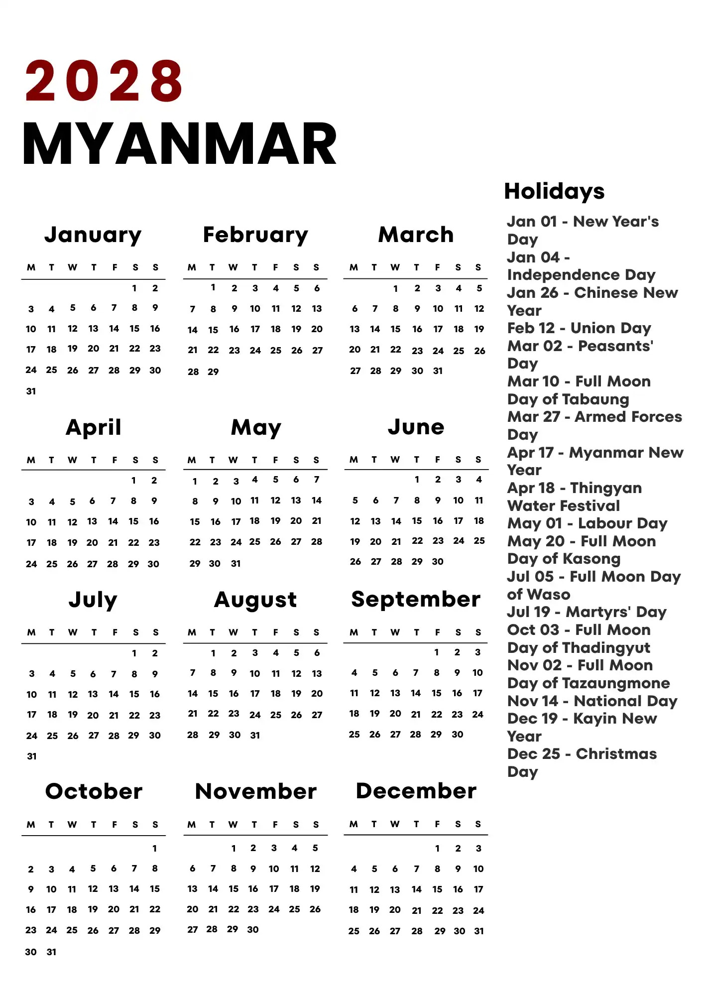 Myanmar Calendar 2028