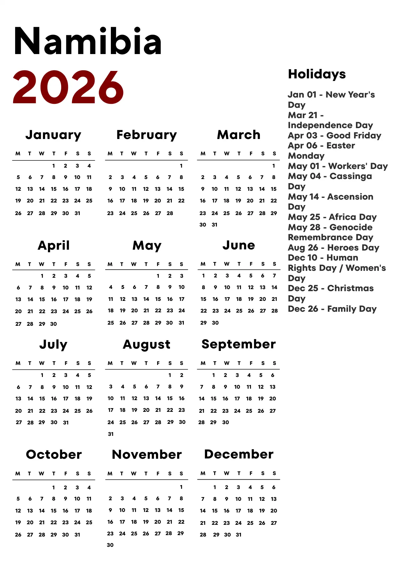 Namibia Calendar 2026