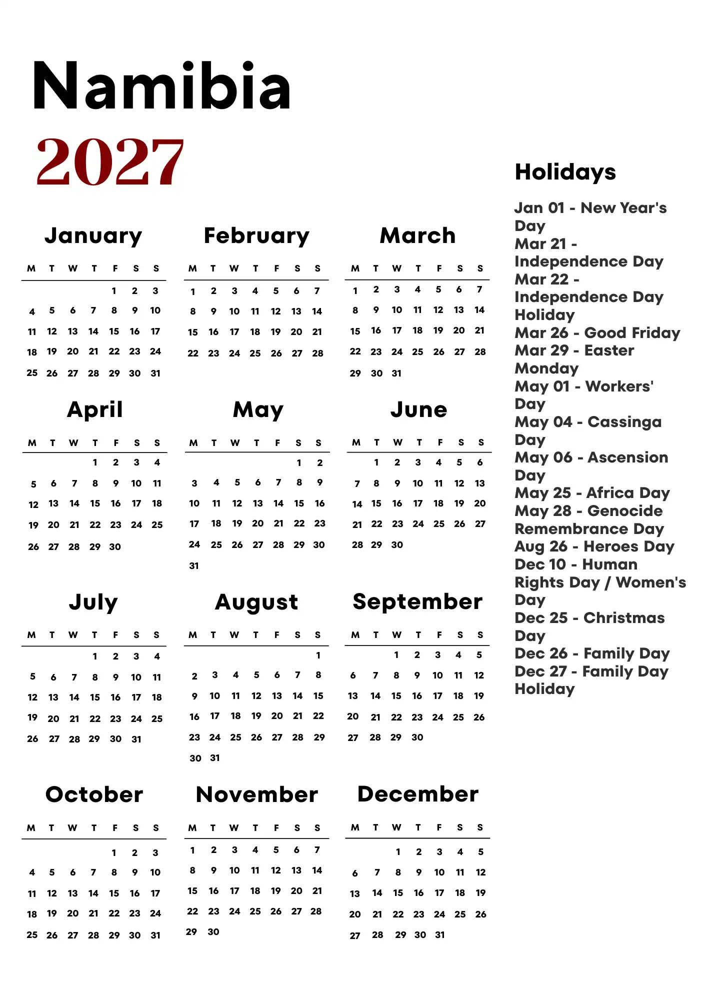 Namibia Calendar 2027