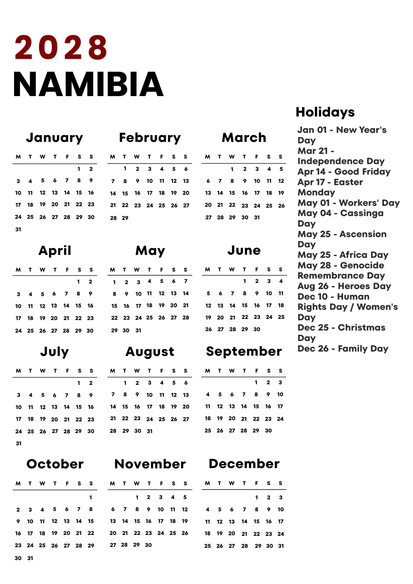 Namibia Calendar 2028