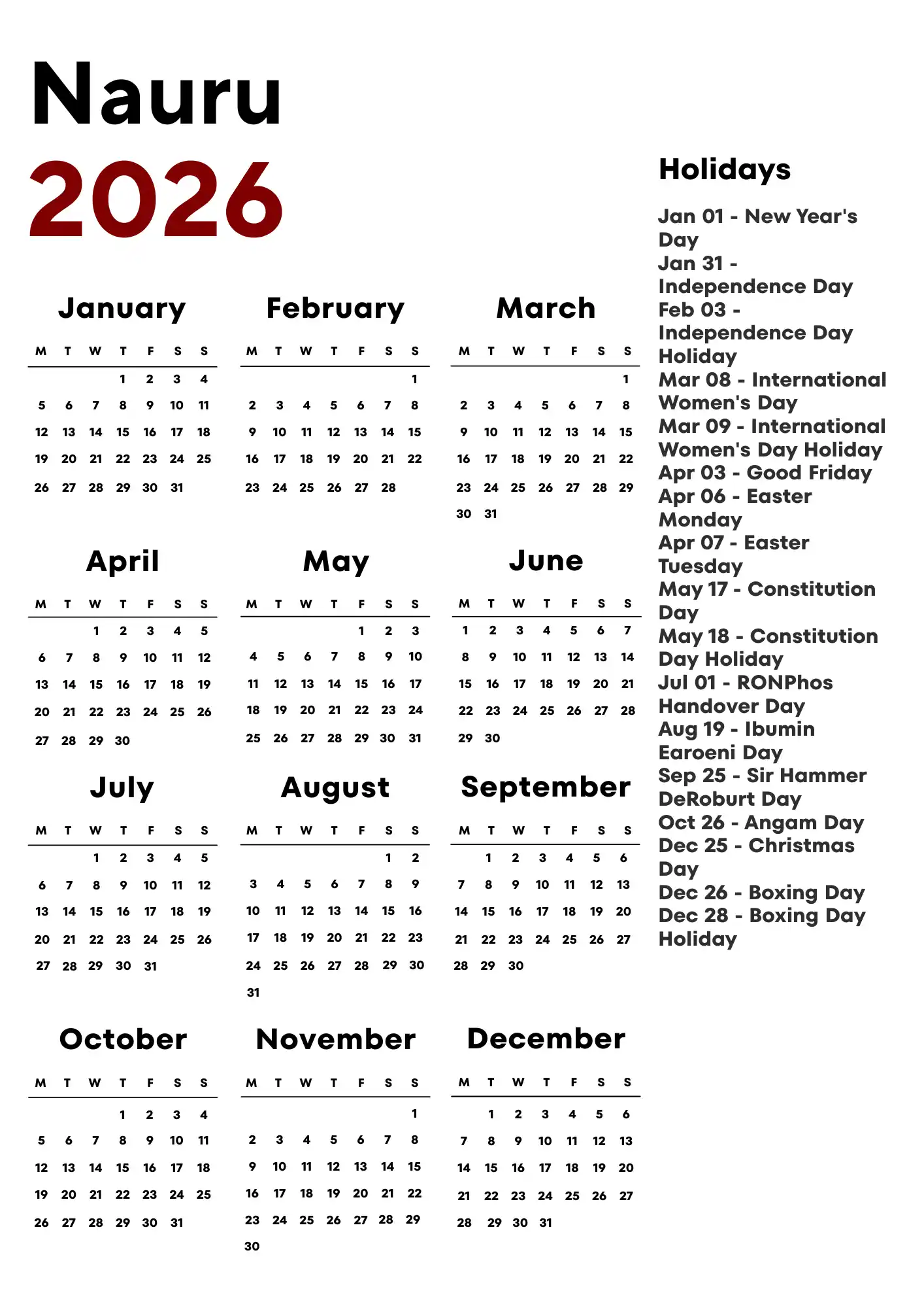 Nauru Calendar 2026