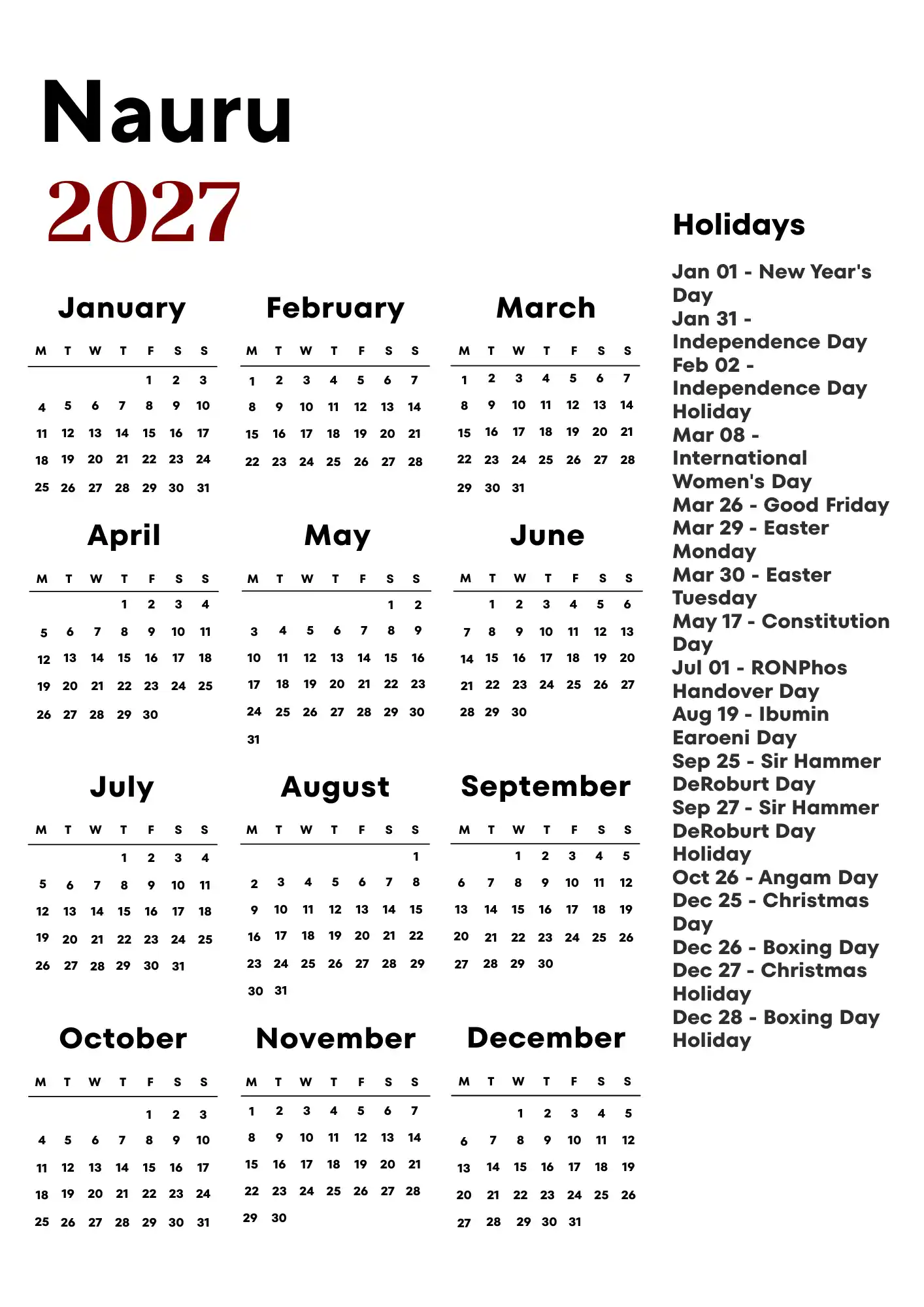 Nauru Calendar 2027
