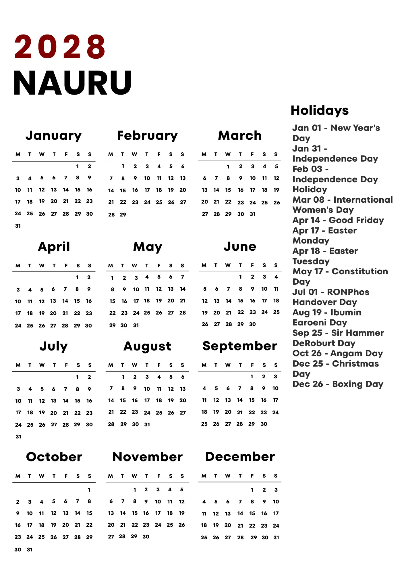 Nauru Calendar 2028