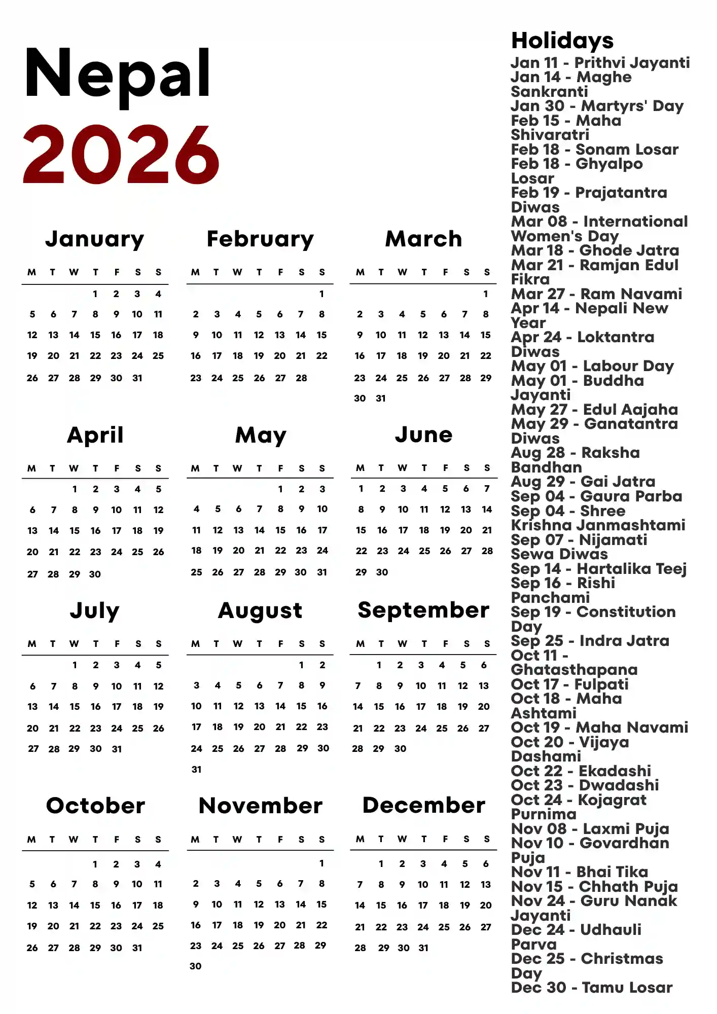Nepal Calendar 2026