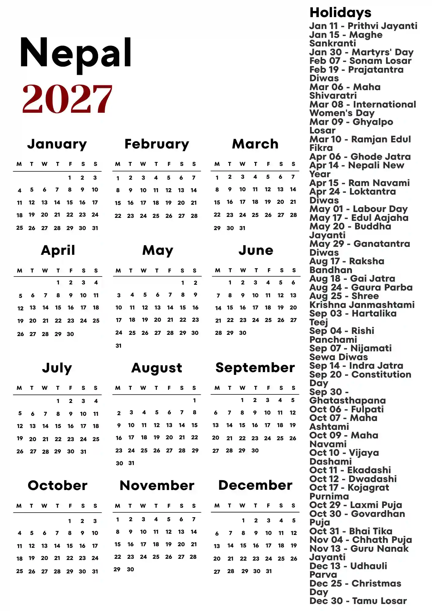 Nepal Calendar 2027