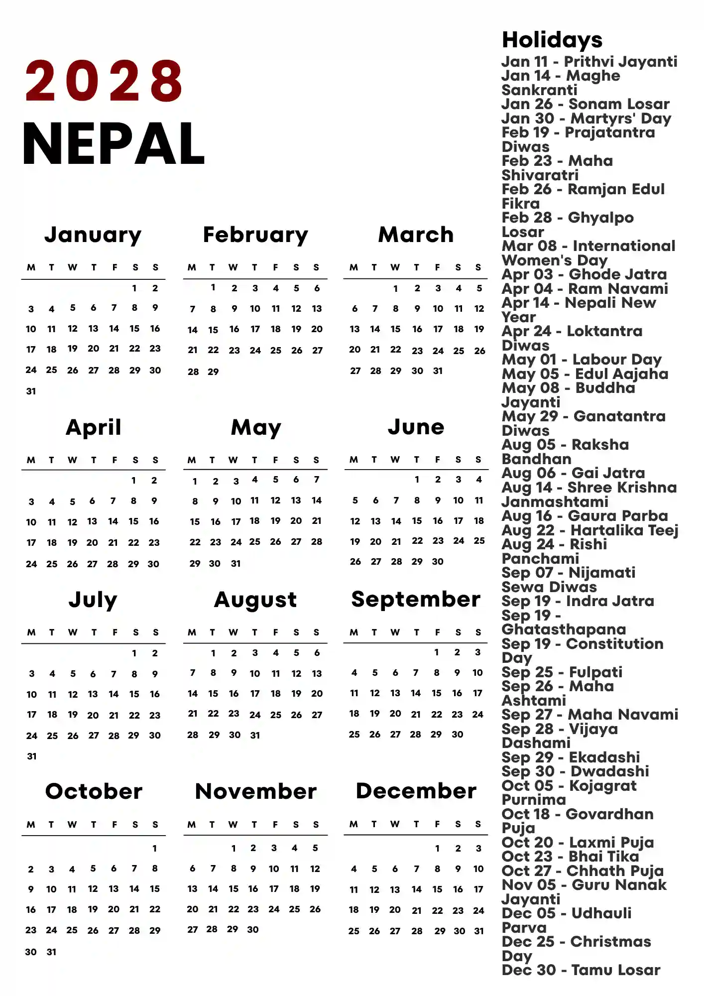 Nepal Calendar 2028