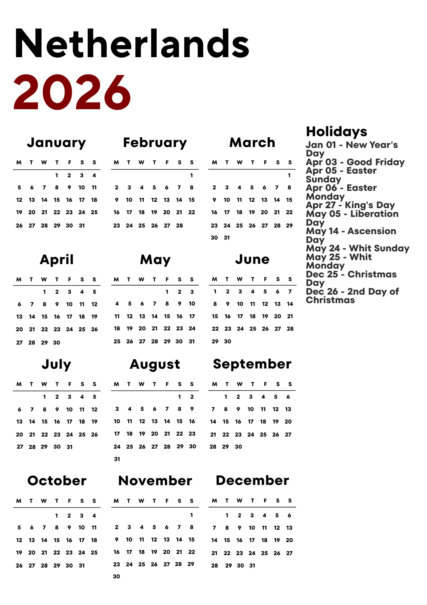 Netherlands Calendar 2026