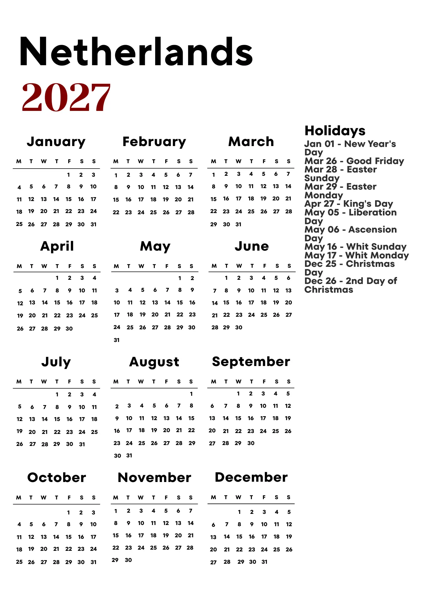 Netherlands Calendar 2027