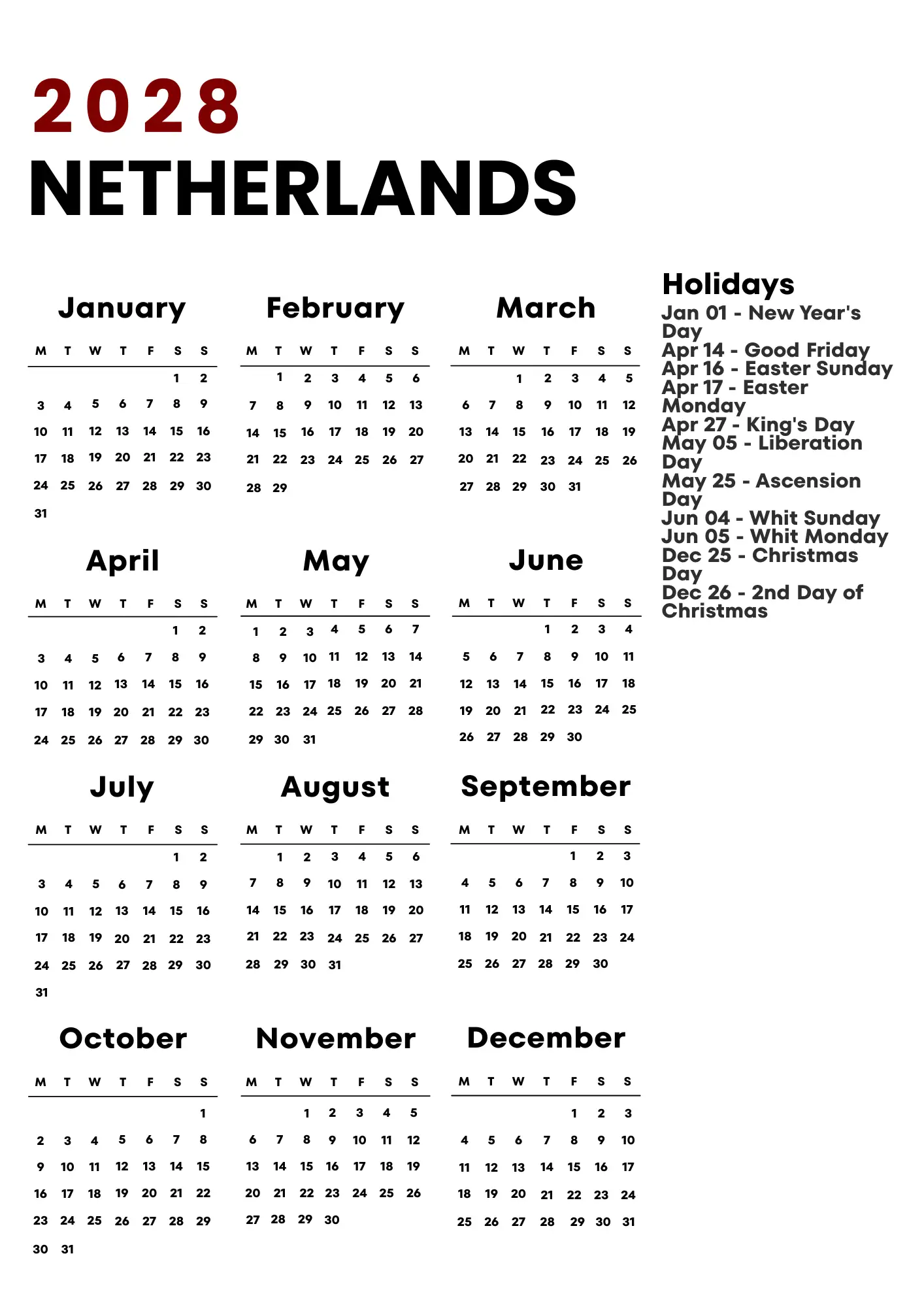 Netherlands Calendar 2028