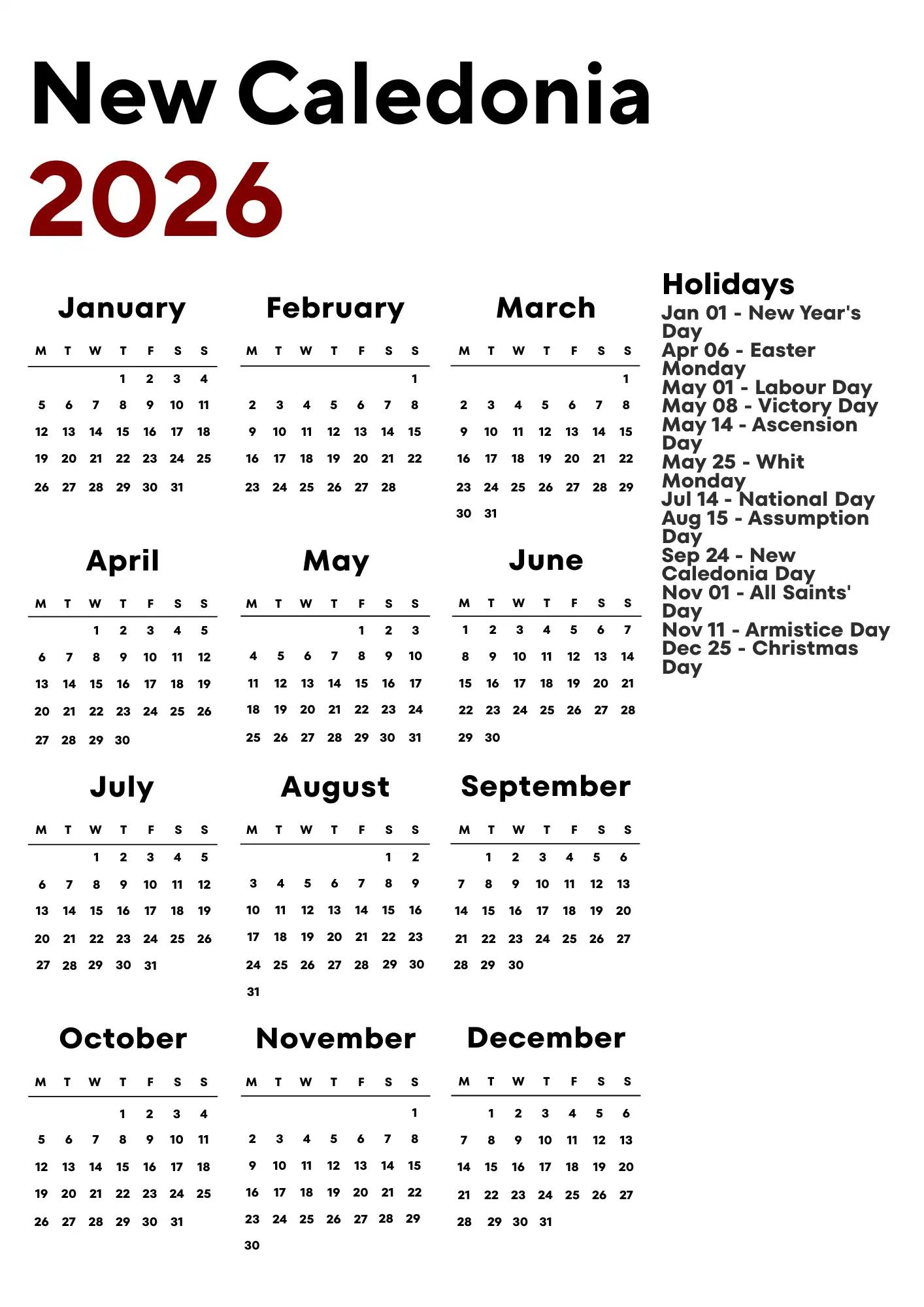 New Caledonia Calendar 2026