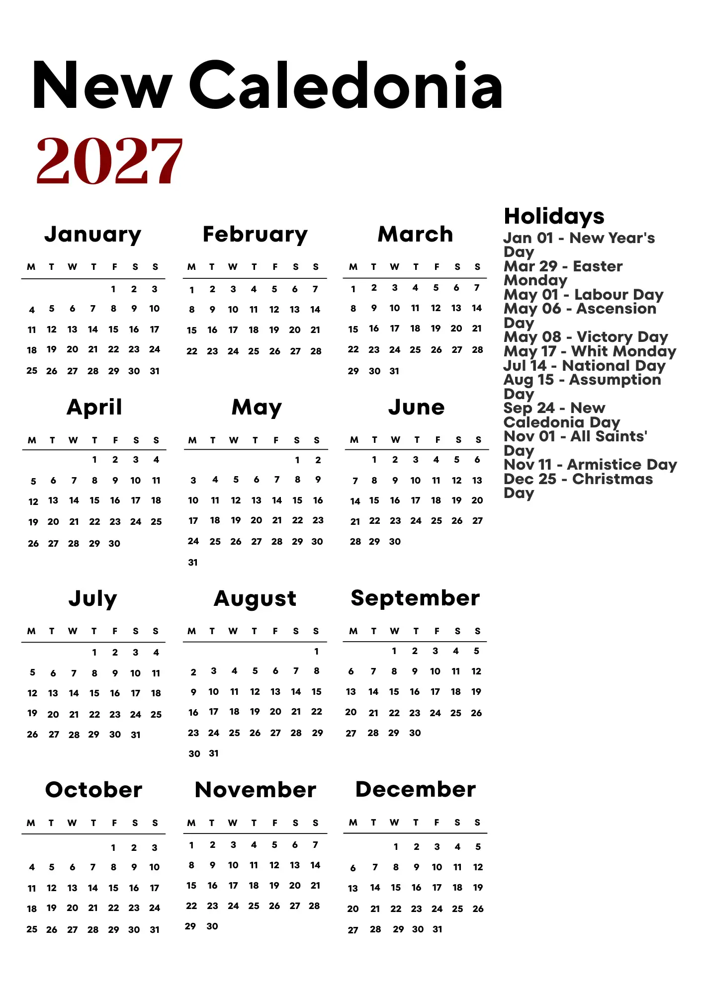 New Caledonia Calendar 2027