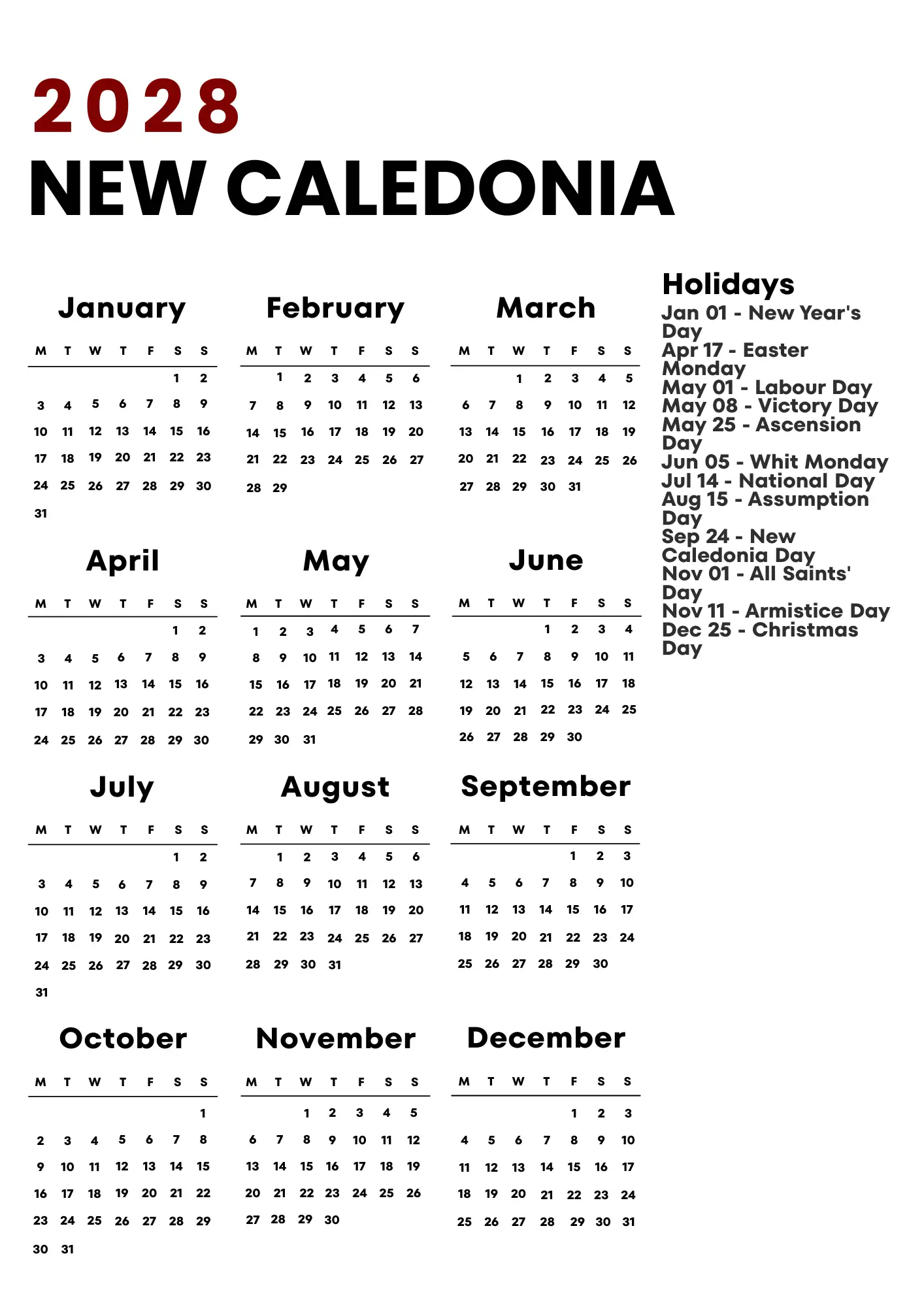New Caledonia Calendar 2028