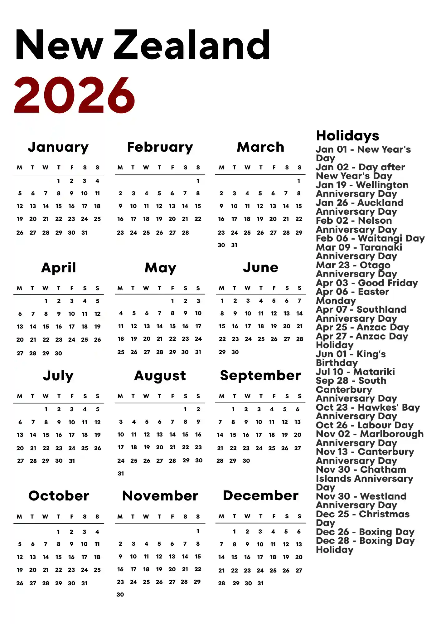 New Zealand Calendar 2026