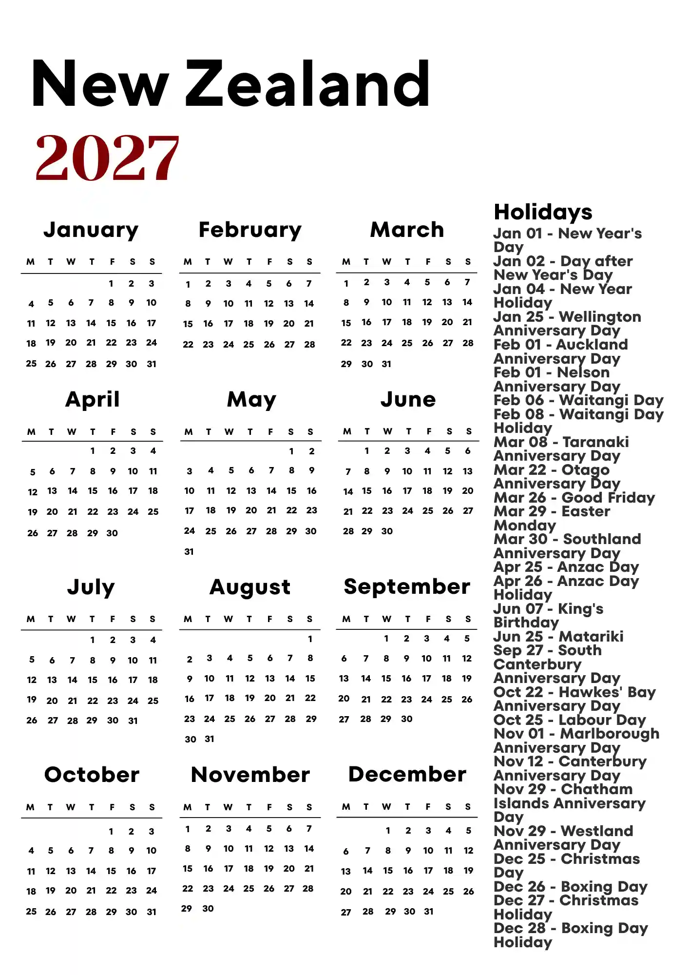 New Zealand Calendar 2027