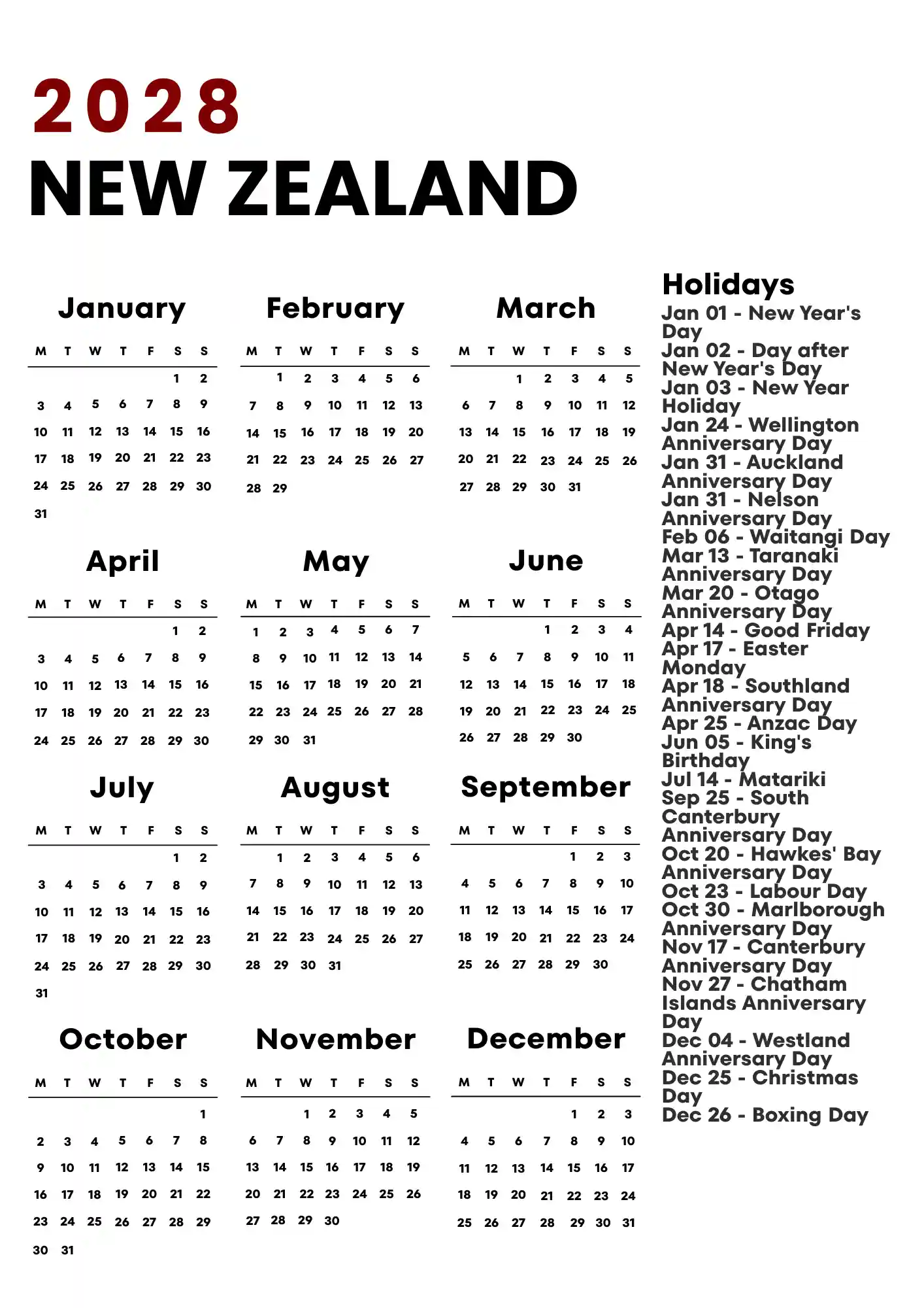 New Zealand Calendar 2028