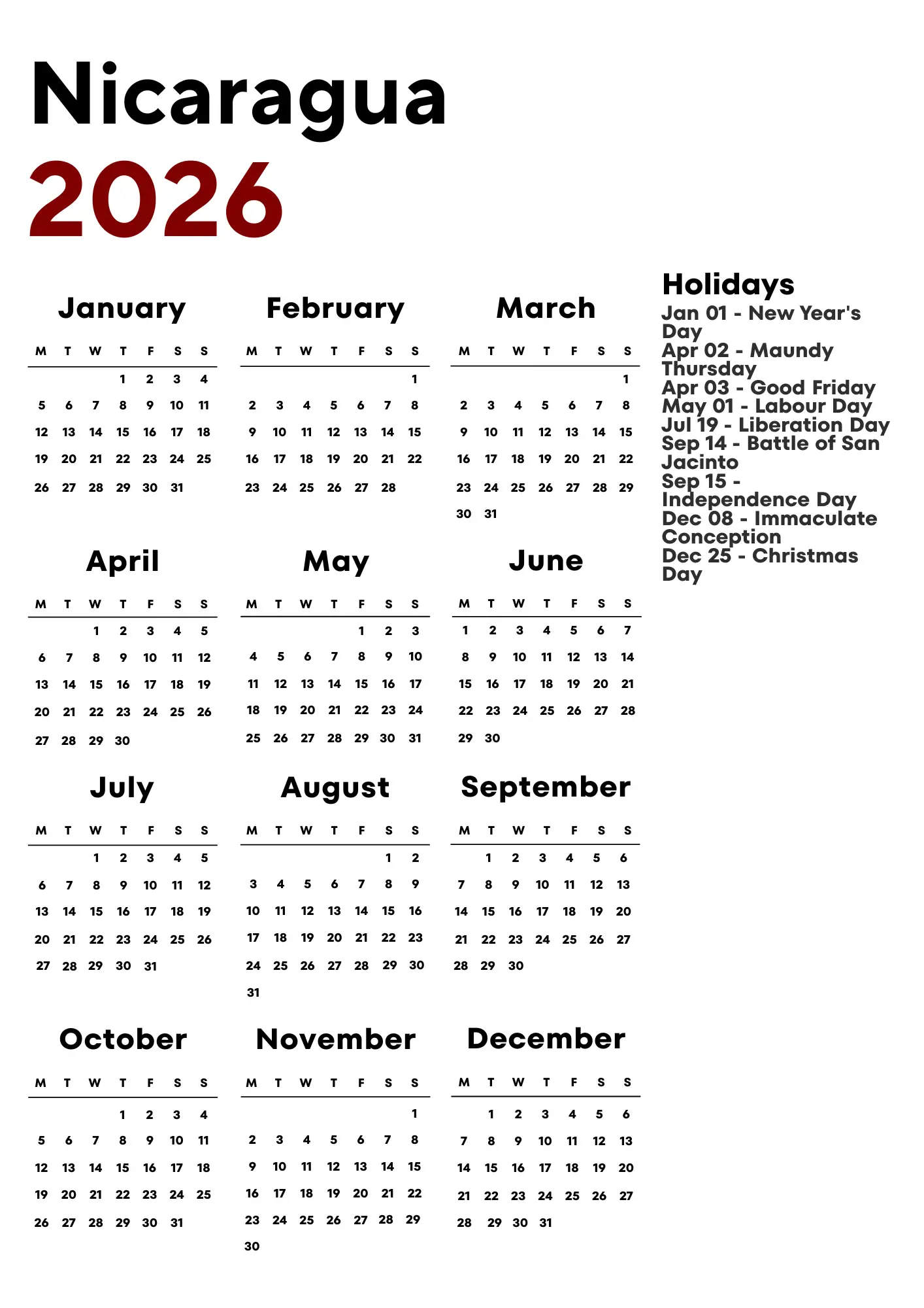 Nicaragua Calendar 2026