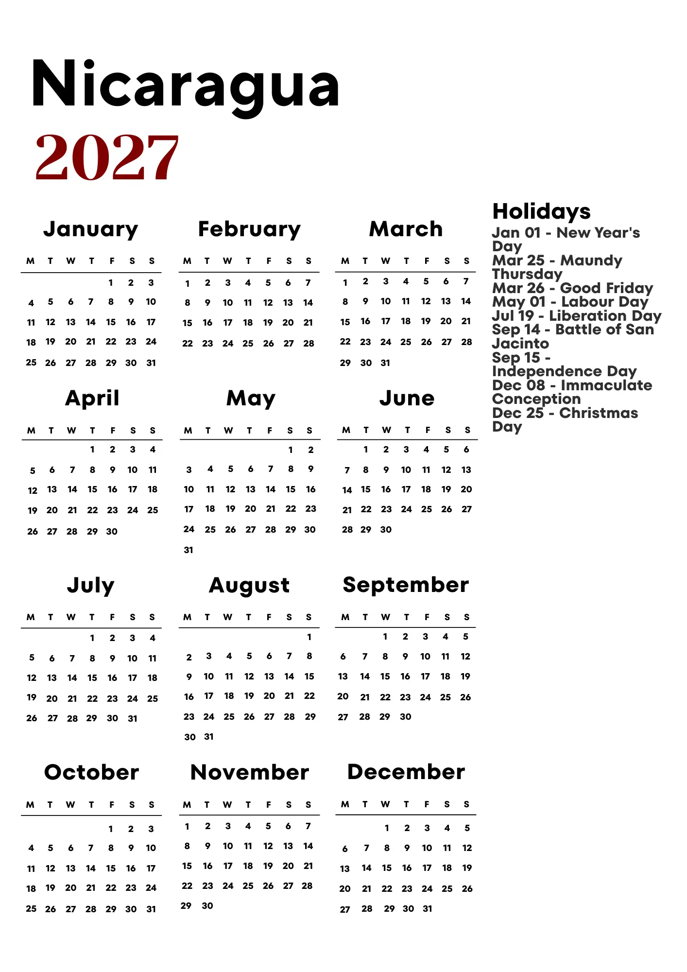 Nicaragua Calendar 2027