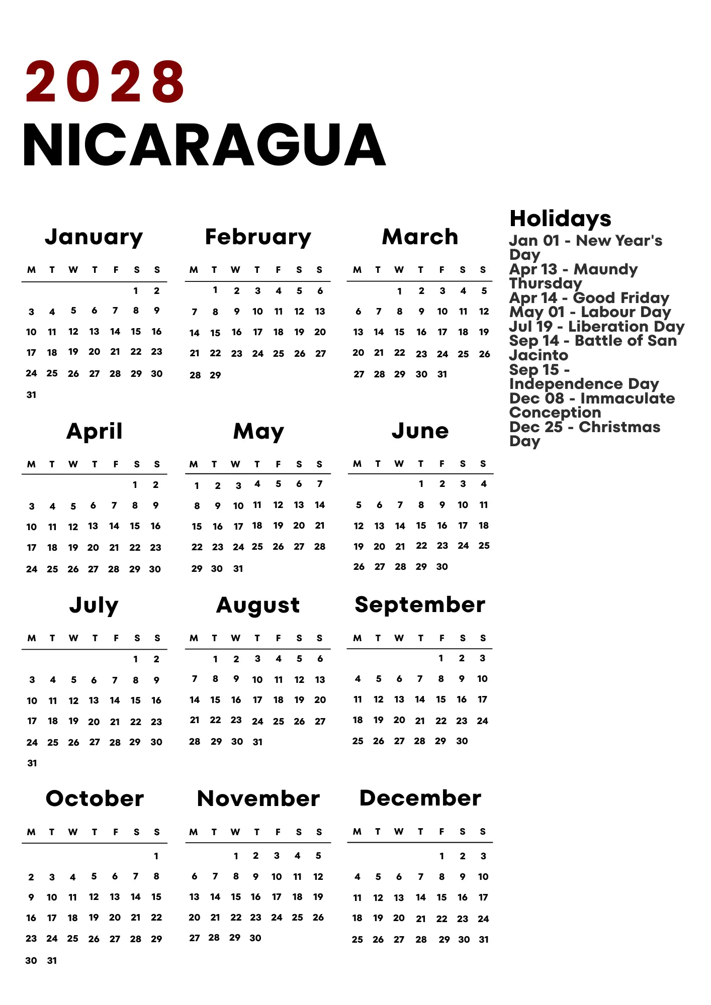 Nicaragua Calendar 2028
