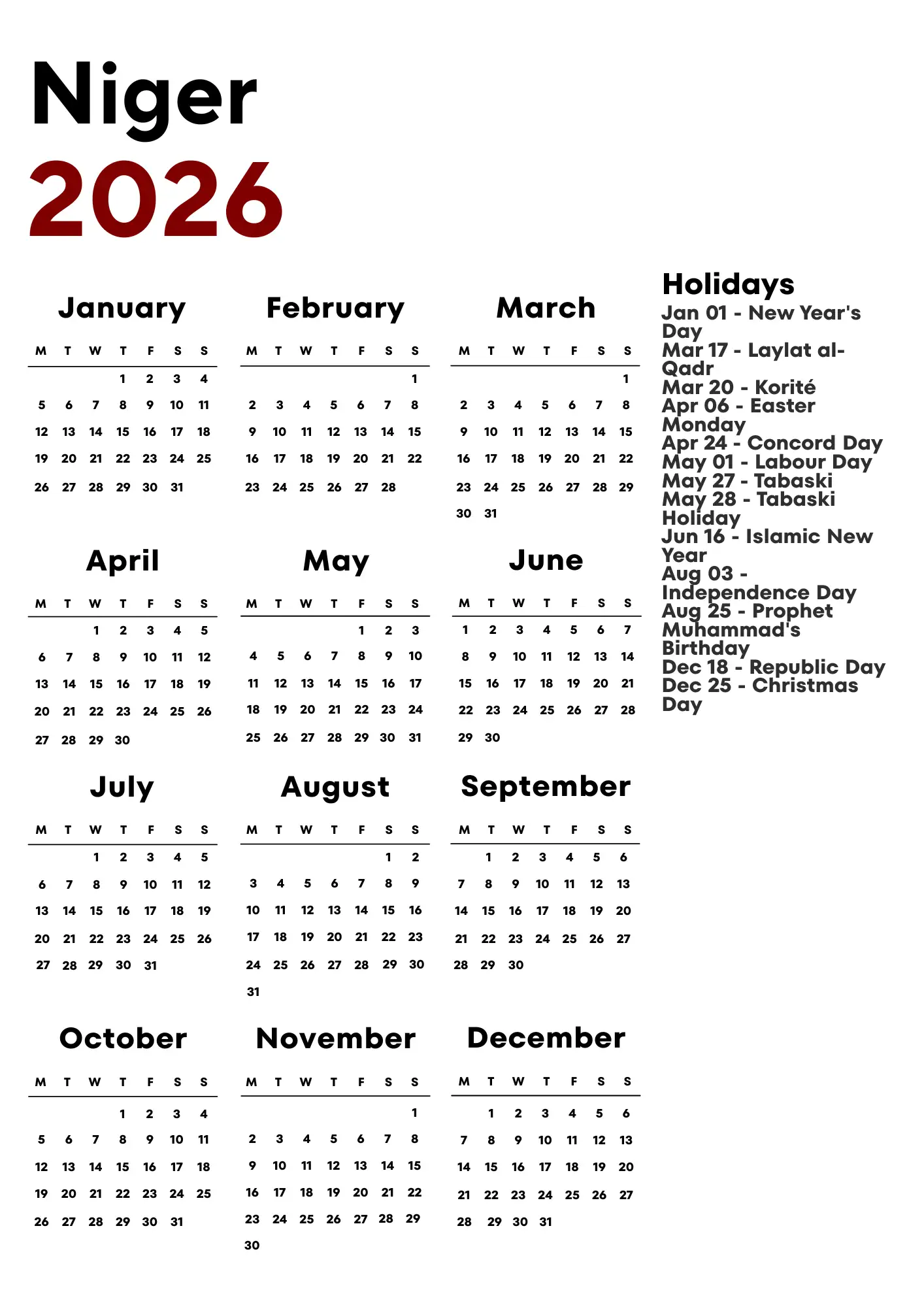 Niger Calendar 2026