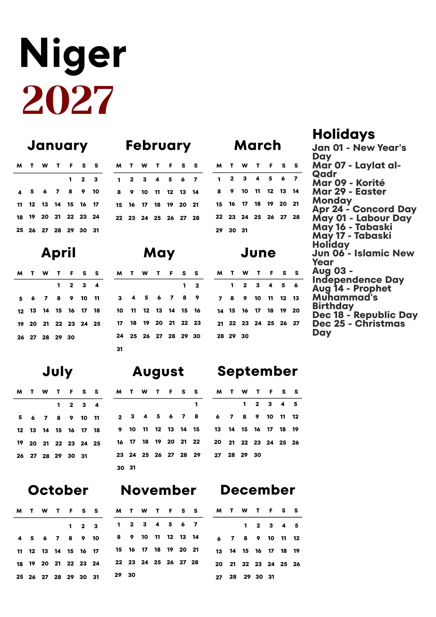 Niger Calendar 2027