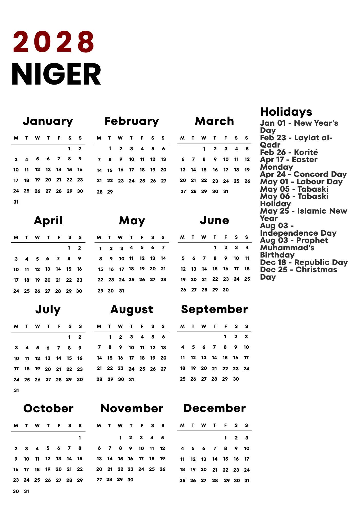 Niger Calendar 2028