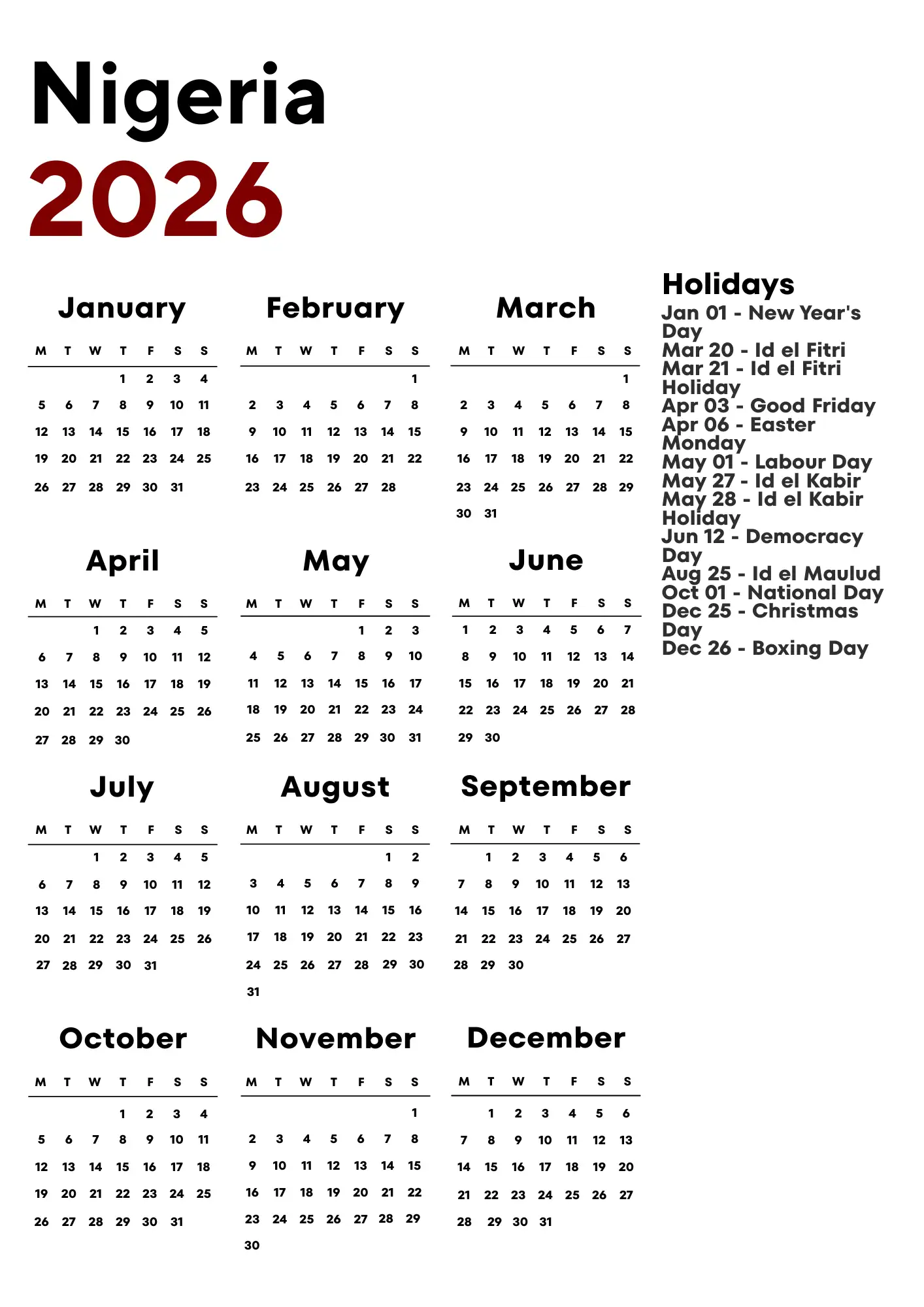 Nigeria Calendar 2026