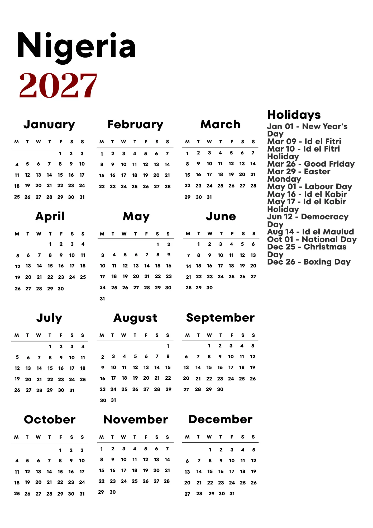 Nigeria Calendar 2027