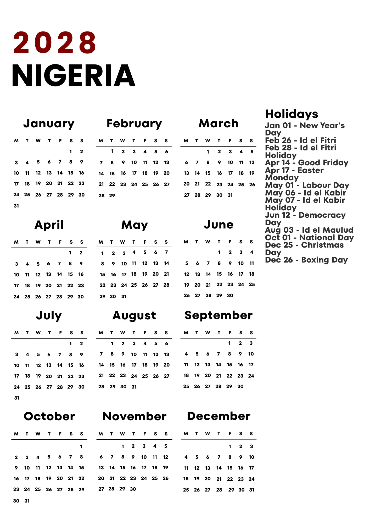 Nigeria Calendar 2028