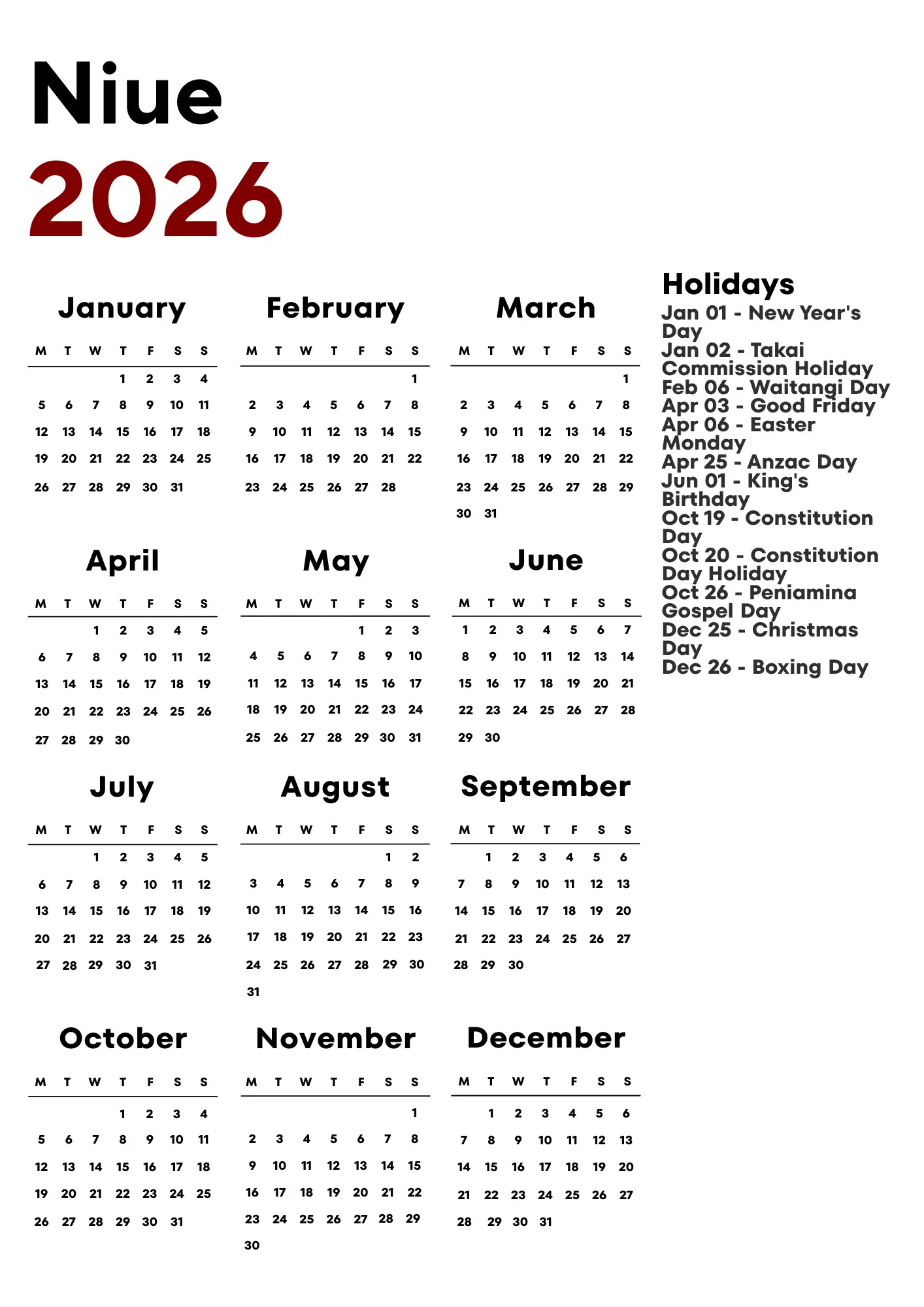 Niue Calendar 2026