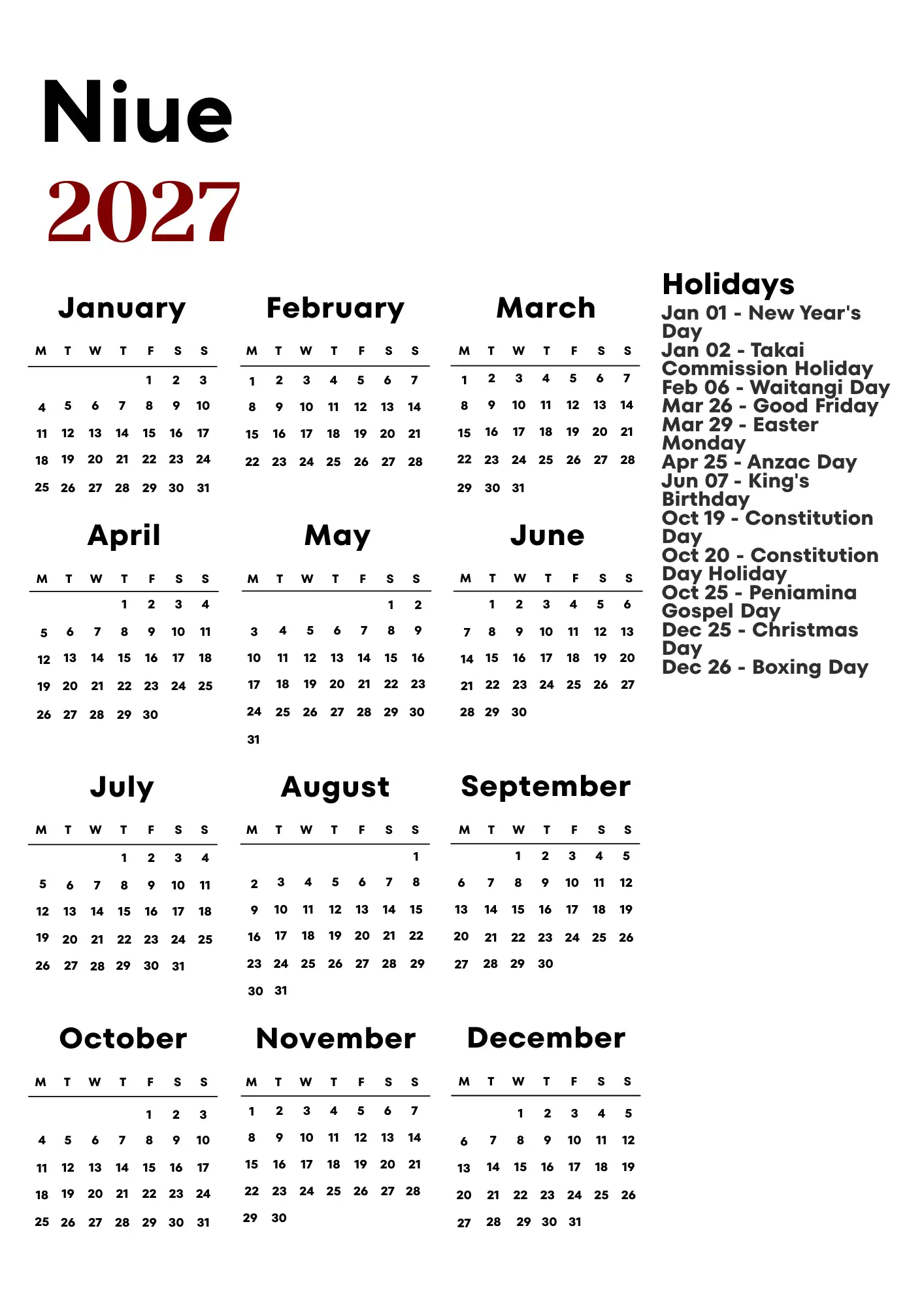 Niue Calendar 2027