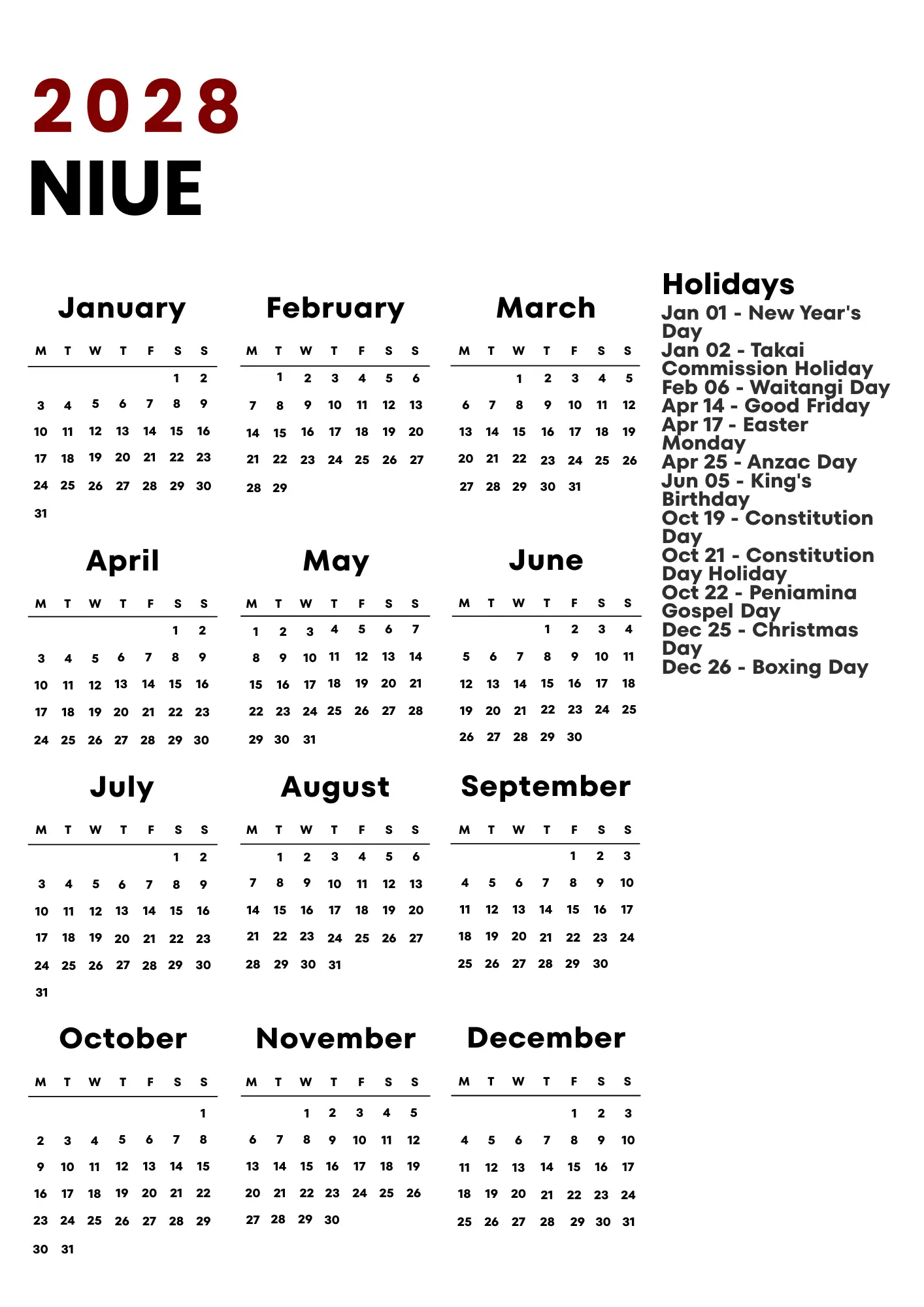 Niue Calendar 2028