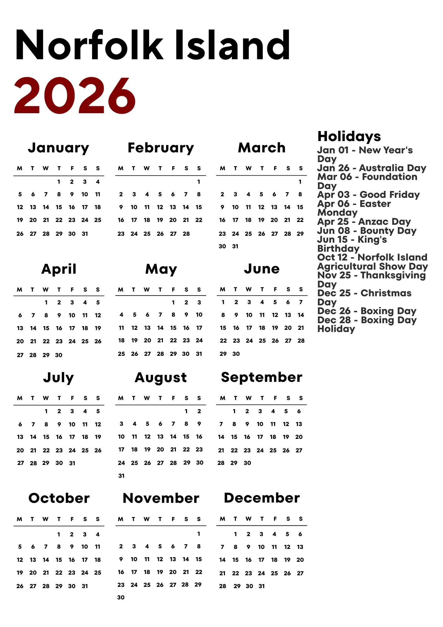 Norfolk Island Calendar 2026