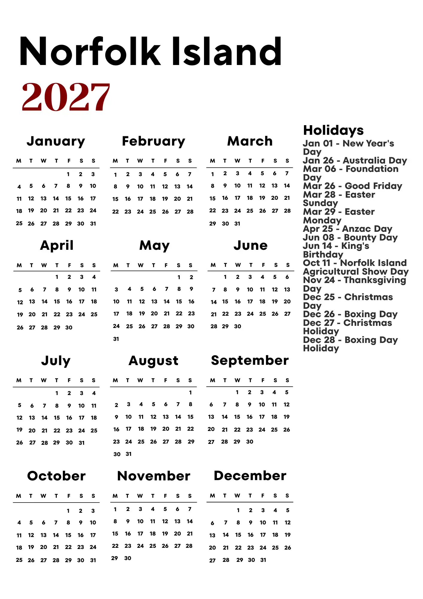 Norfolk Island Calendar 2027