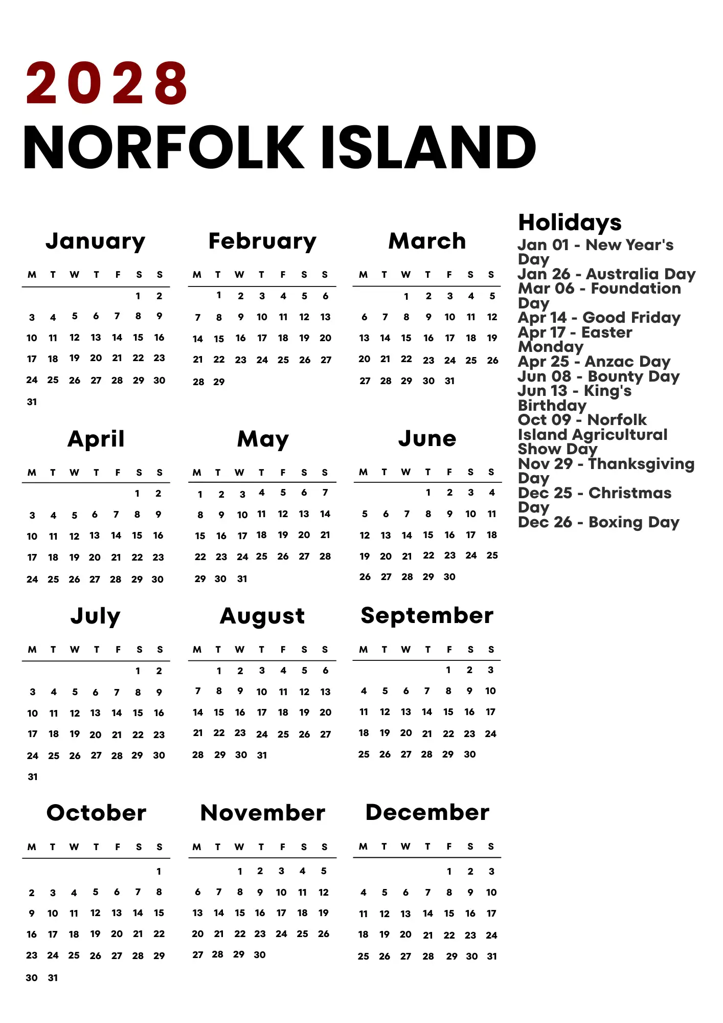 Norfolk Island Calendar 2028