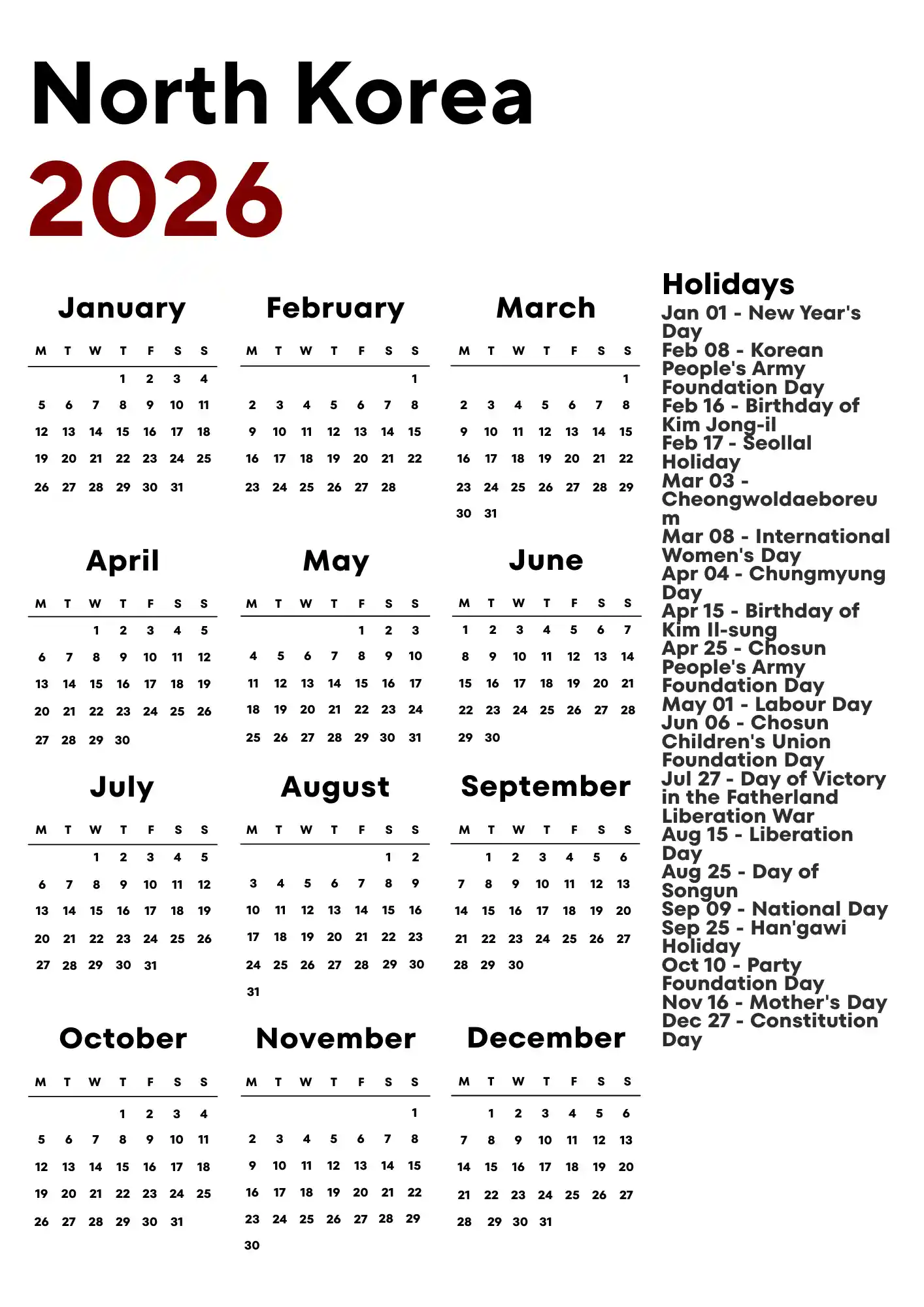 North Korea Calendar 2026